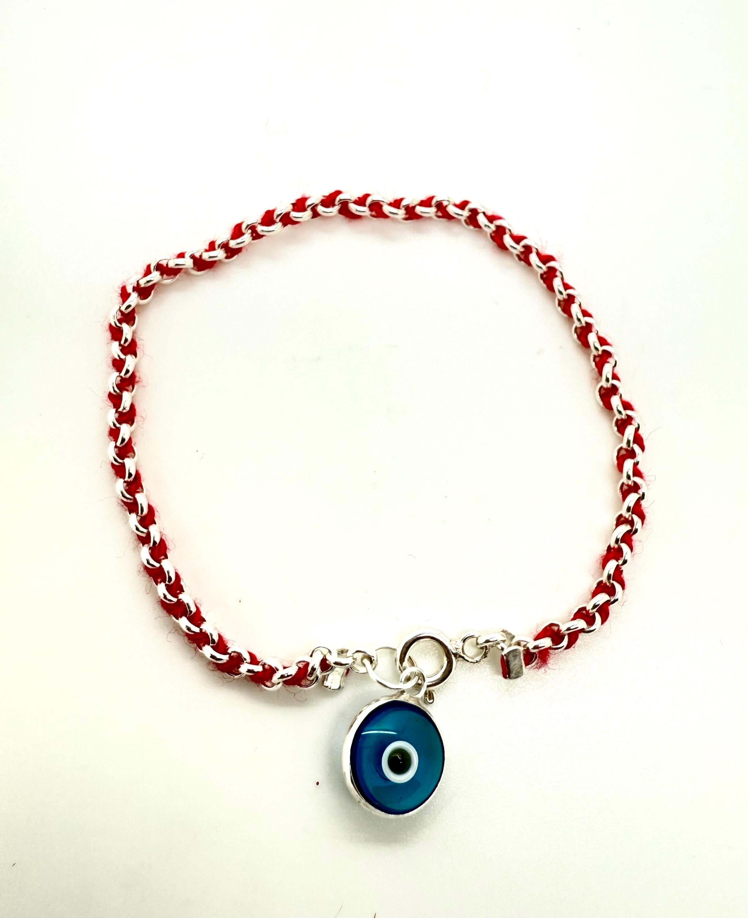 925 Sterling Silver red string bracelet with blue eye charm for good luck