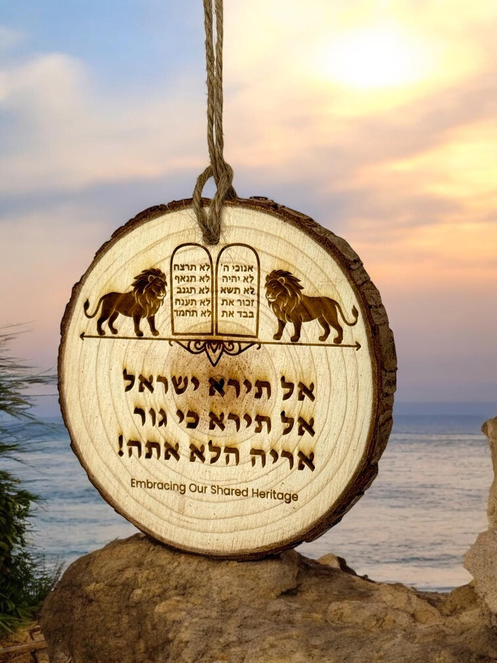 Do not be afraid Israel "אל תירא ישראל" (al tira yisrael) wooden sign engraved in Hebrew with the Ten Commandments and the lions