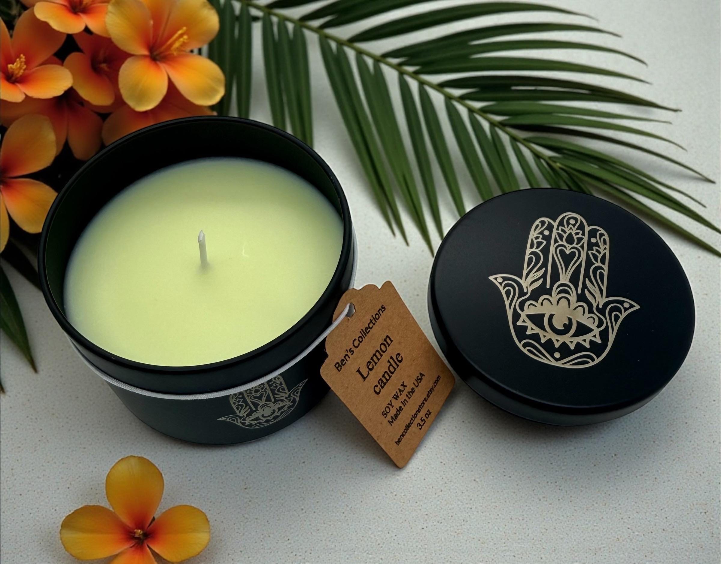 Handmade soy wax candle Hamsa hand protection Yoga Meditation engraved tin metal jar available in 3.5 oz or 7 oz. Personalization Available