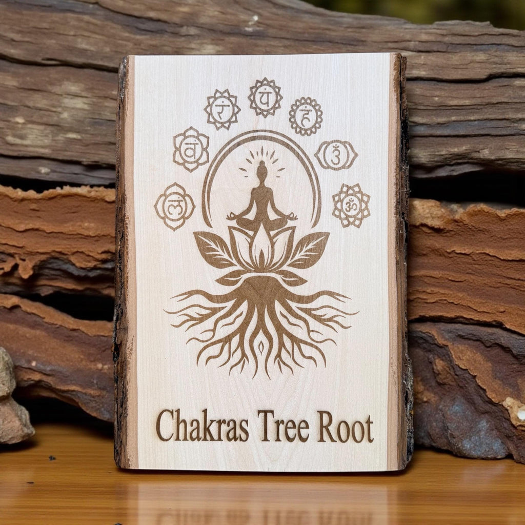 Chakra Tree Root yoga sign engraved on live edge basswood size 11” x 8”