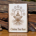 Chakra Tree Root yoga sign engraved on live edge basswood size 11” x 8”