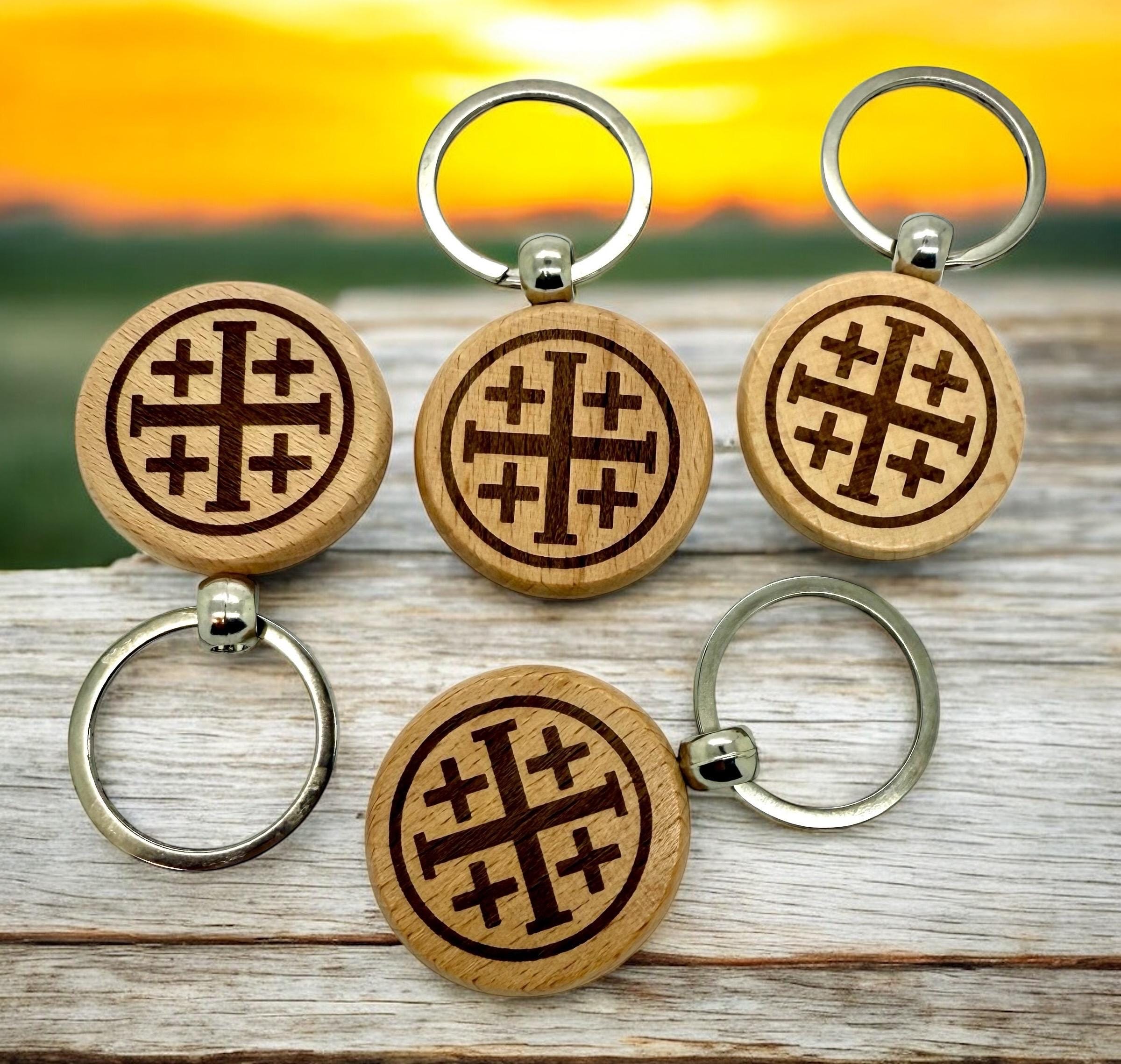 Jerusalem cross set of 4 Keychains Key Holder wooden engraved on both sides