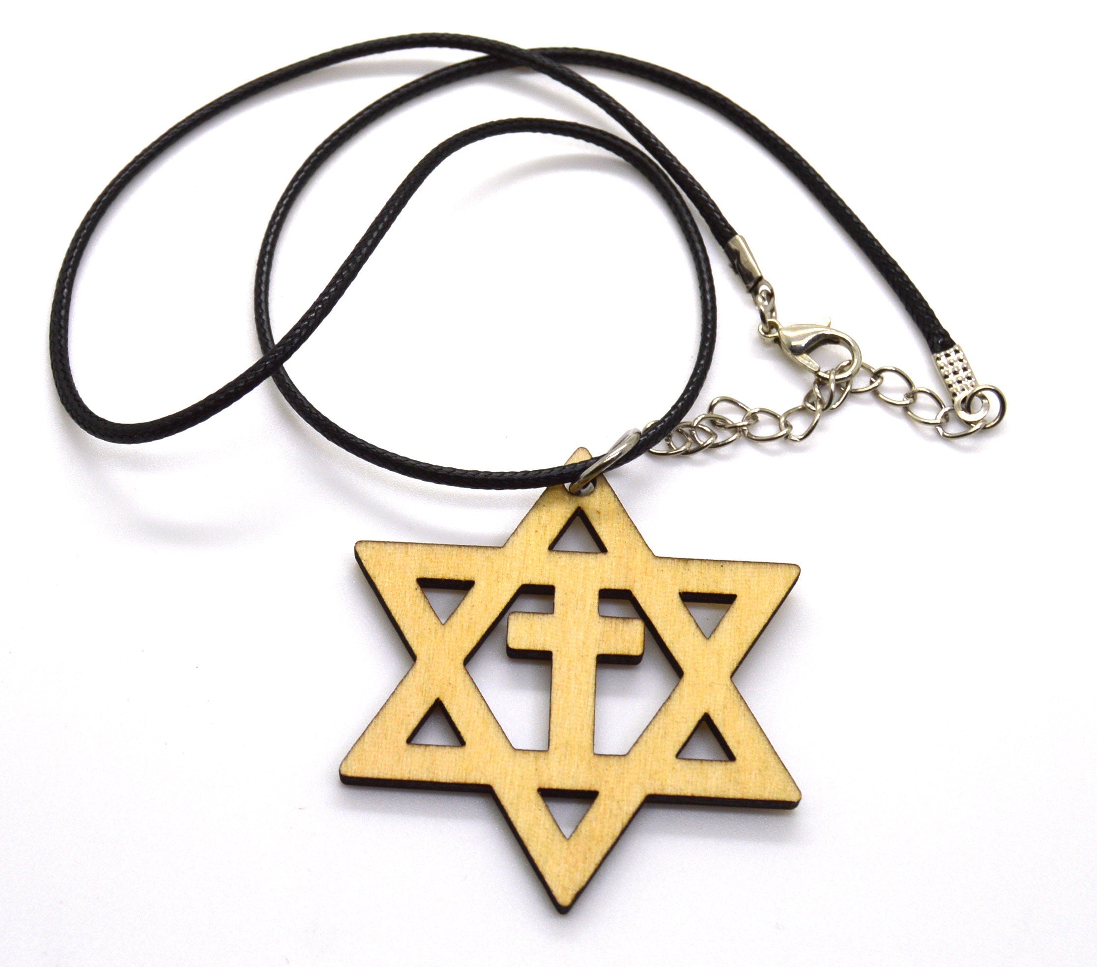 Star of David with the cross wooden Messianic Jewish pendant pendant Basswood or Walnut 18" necklace