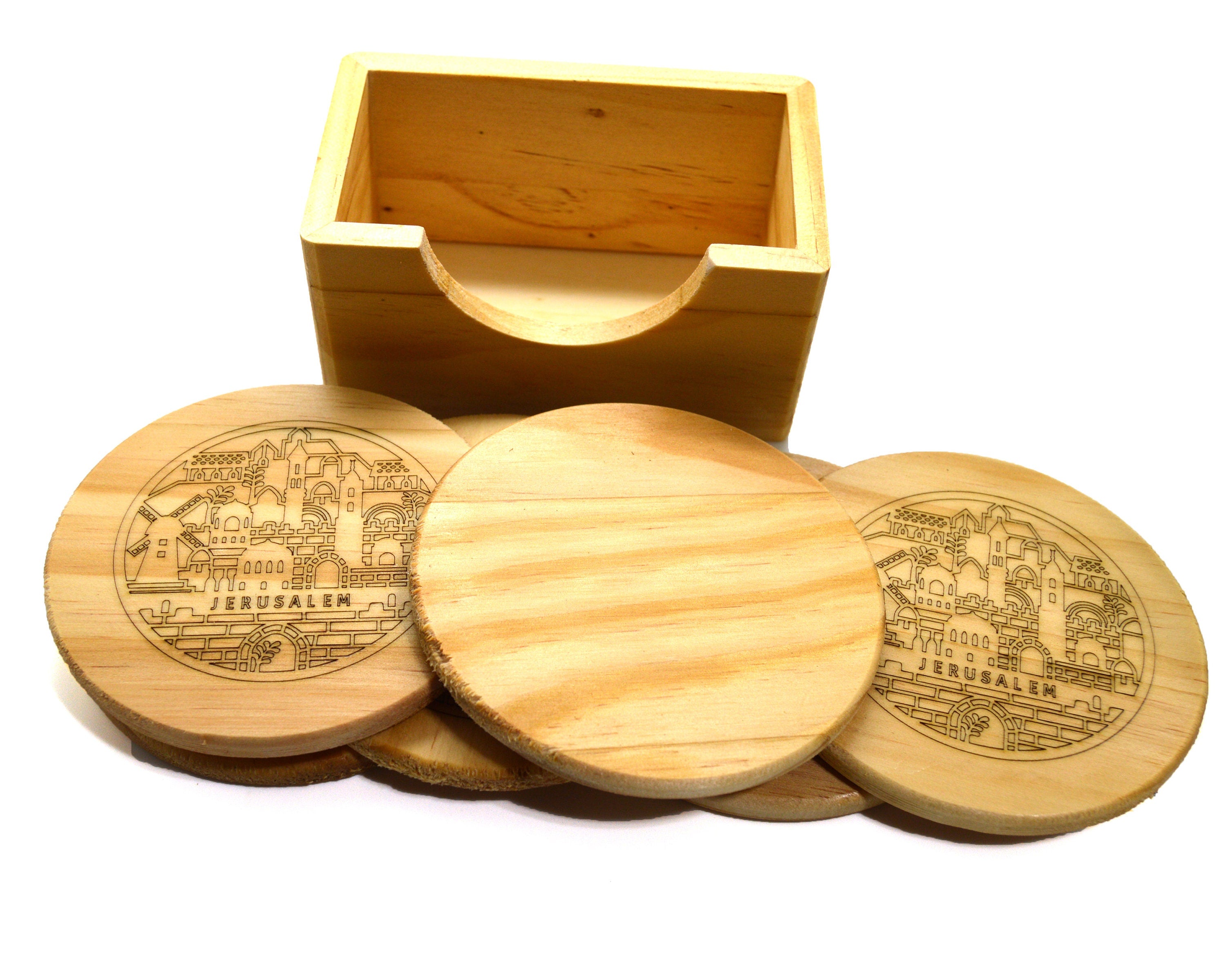 Jerusalem engraved coasters set of 6 pine wood with stand real wood