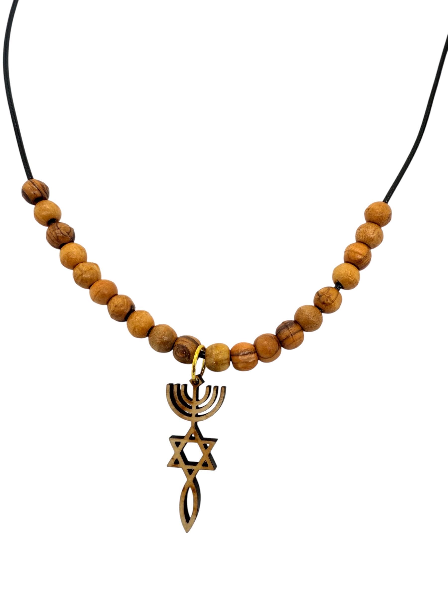 Star of David menorah and fish messianic grafted in Israel basswood pendant handmade necklace with olive wood beads 20" gift boxed