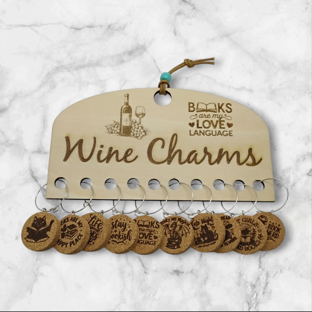 Book club wine charms set of 10 charms laser engraved on cork with engraved wine charms holder also can be personalized
