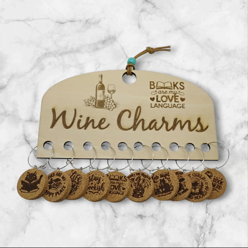 Book club wine charms set of 10 charms laser engraved on cork with engraved wine charms holder also can be personalized