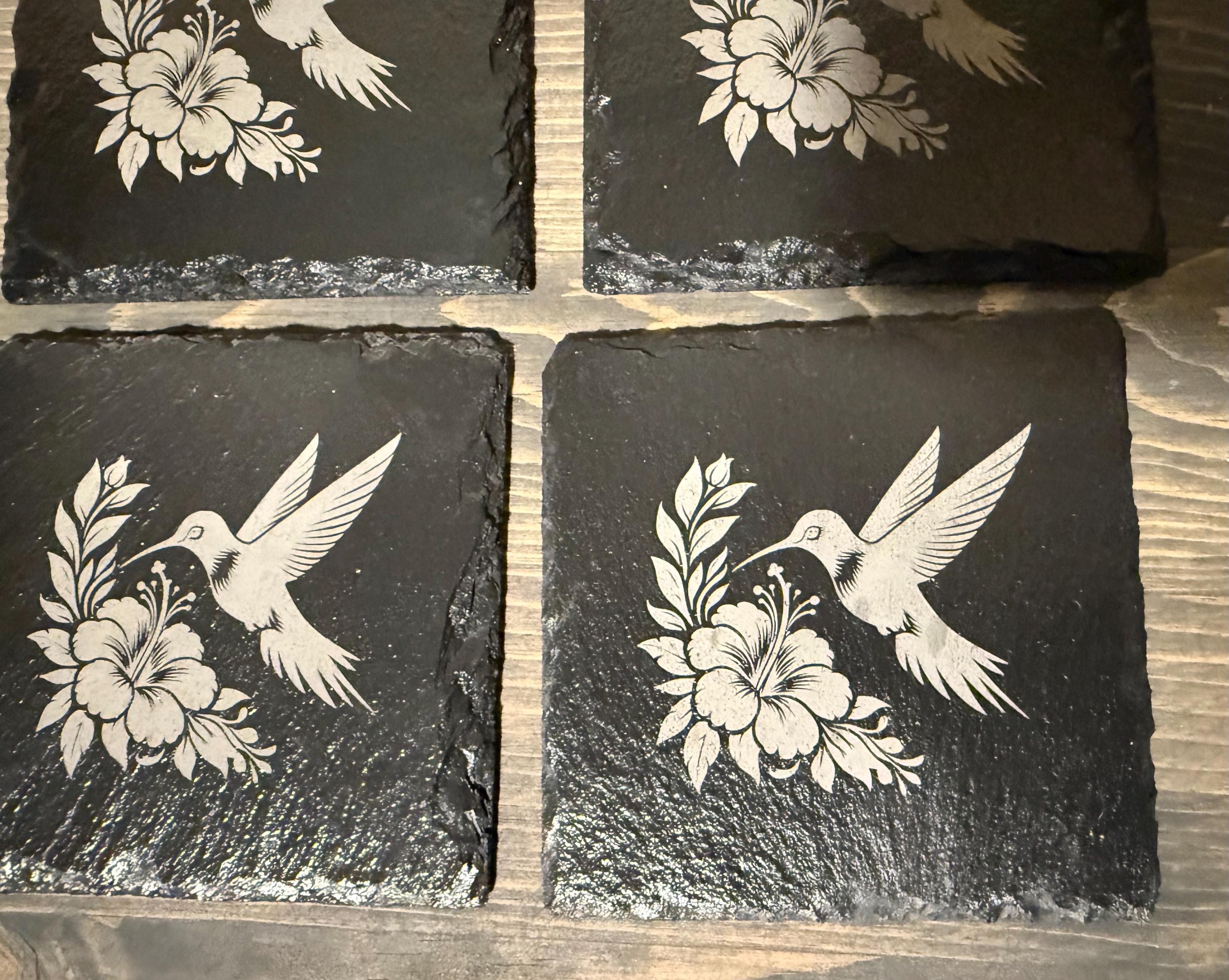 Natural Slate Stone Handmade Coaster Set with hummingbird flowers