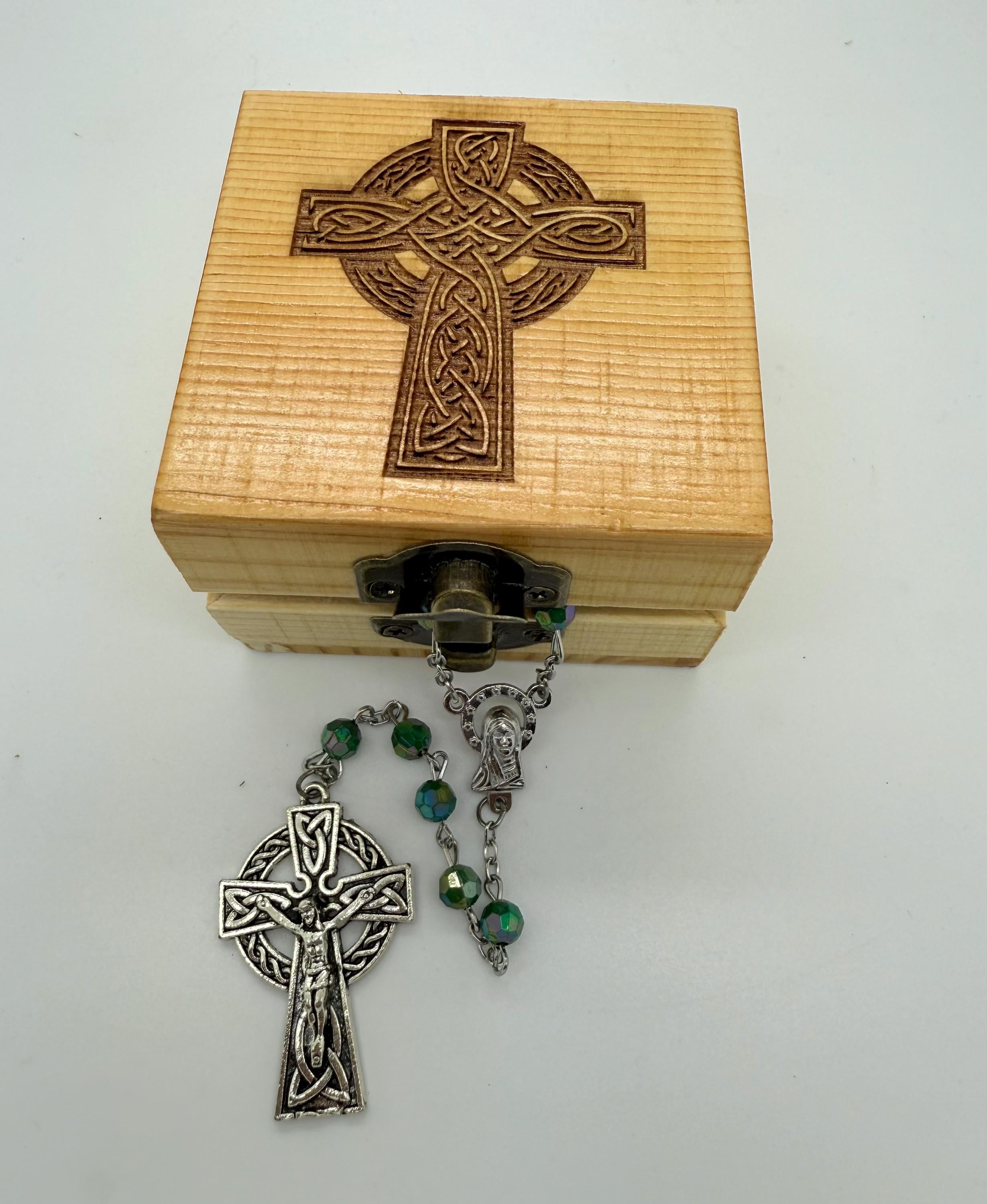 Catholic green acrylic Celtic rosary beads wooden pinewood handmade engraved cross