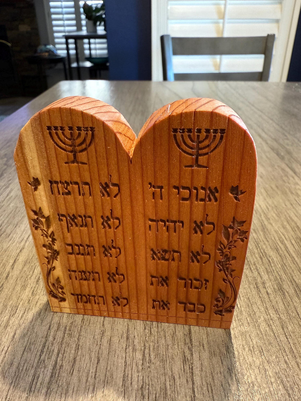 The Ten Commandments handmade engraved in English or Hebrew with the menorah on cedar wood table top desk or bookcase display.