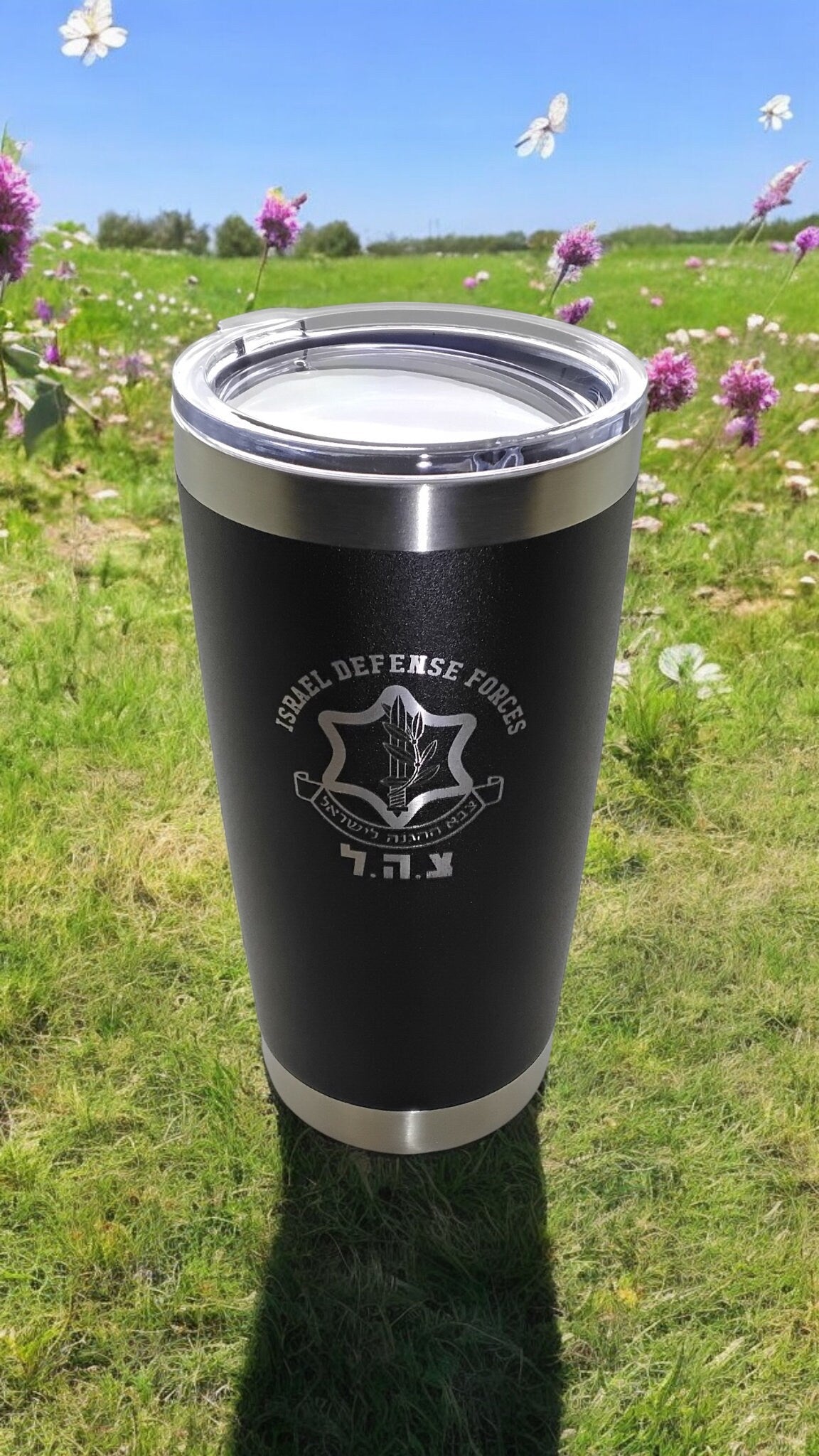 20oz Stainless Steel Tumbler w Lid engraved IDF Israel Army Hebrew travel mug Support Israel