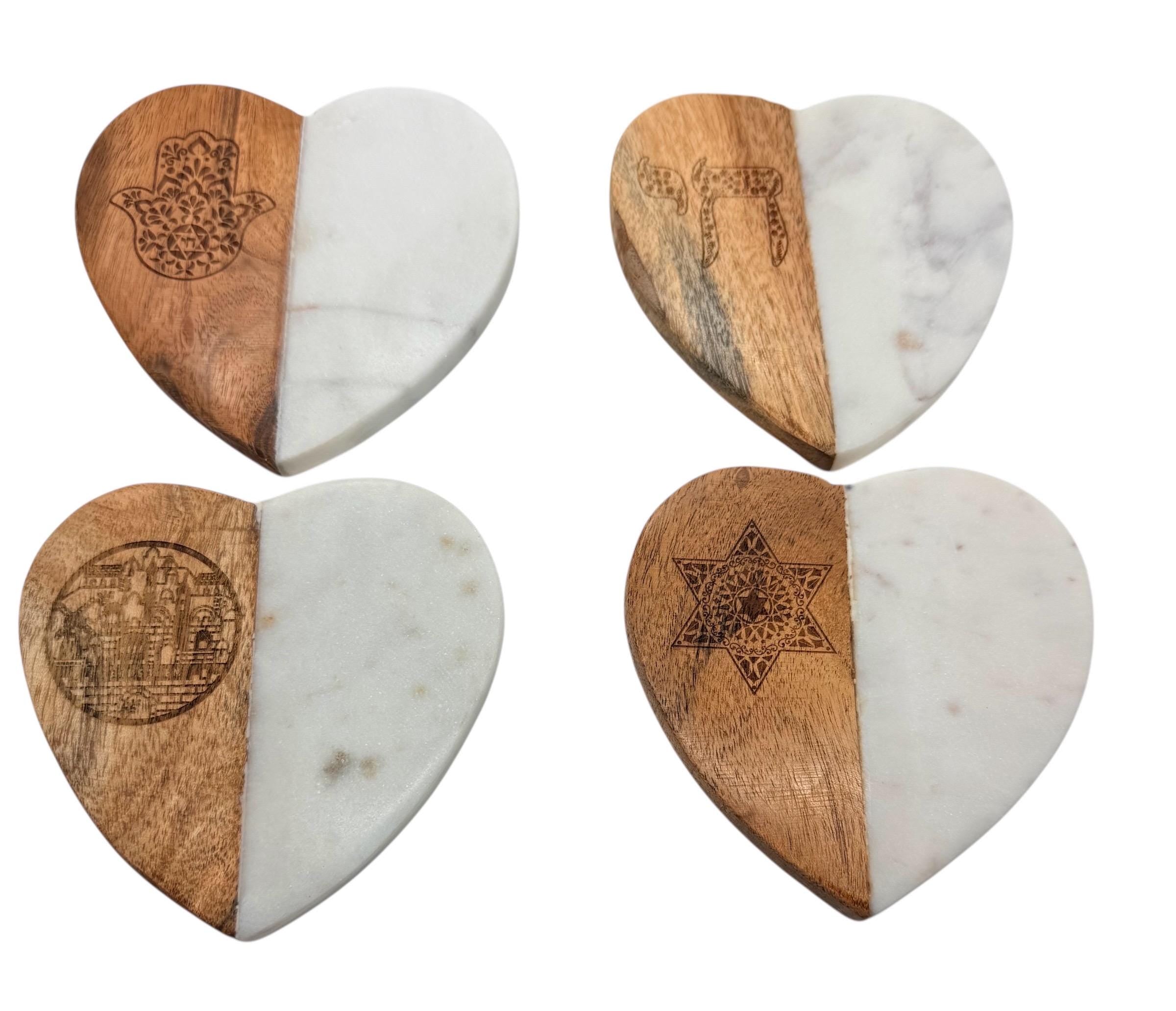 Natural marble and acacia wood heart shaped Handmade Coaster Set with Star of David Chai Hamsa Hand and Jerusalem engraved