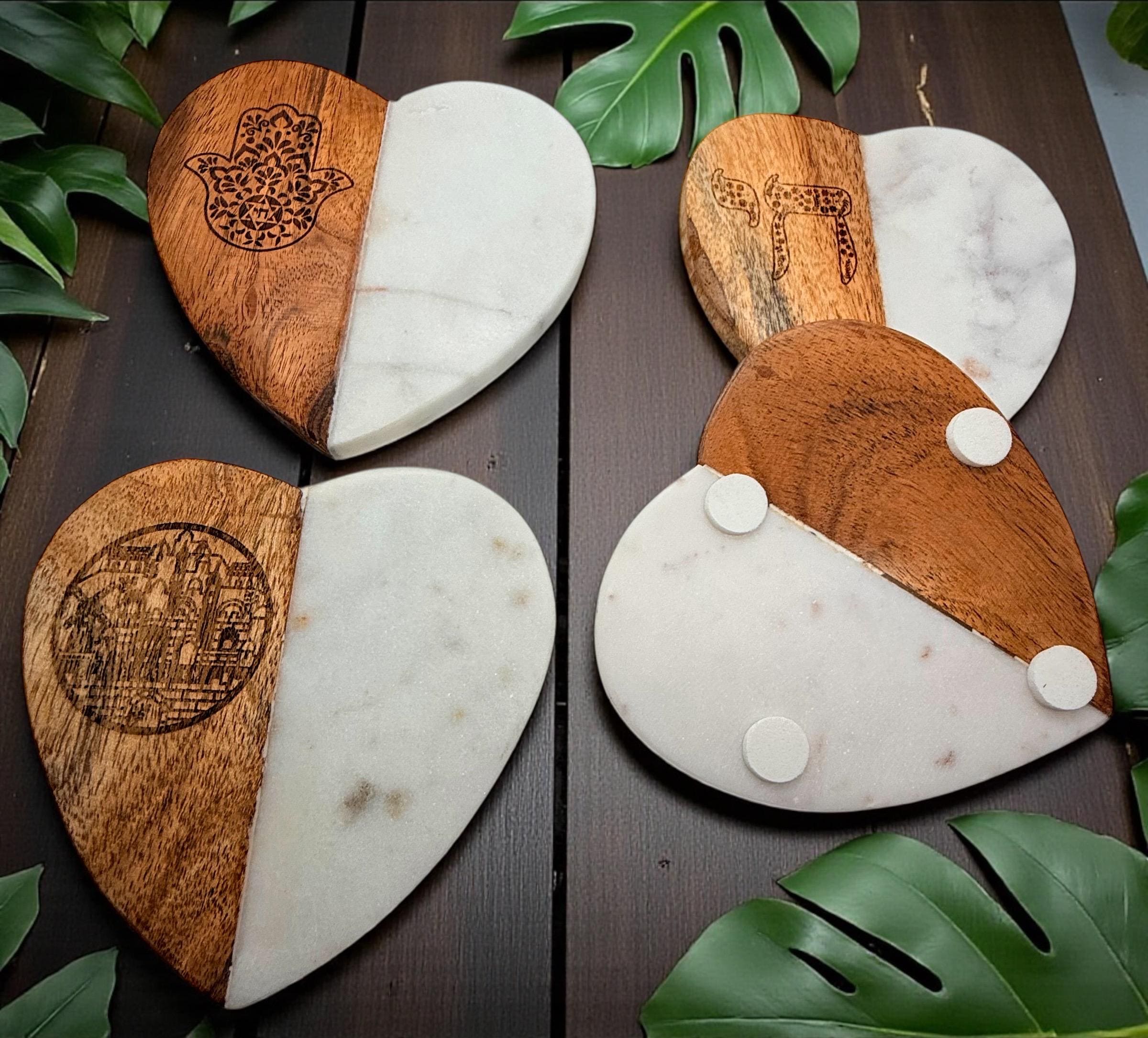 Natural marble and acacia wood heart shaped Handmade Coaster Set with Star of David Chai Hamsa Hand and Jerusalem engraved