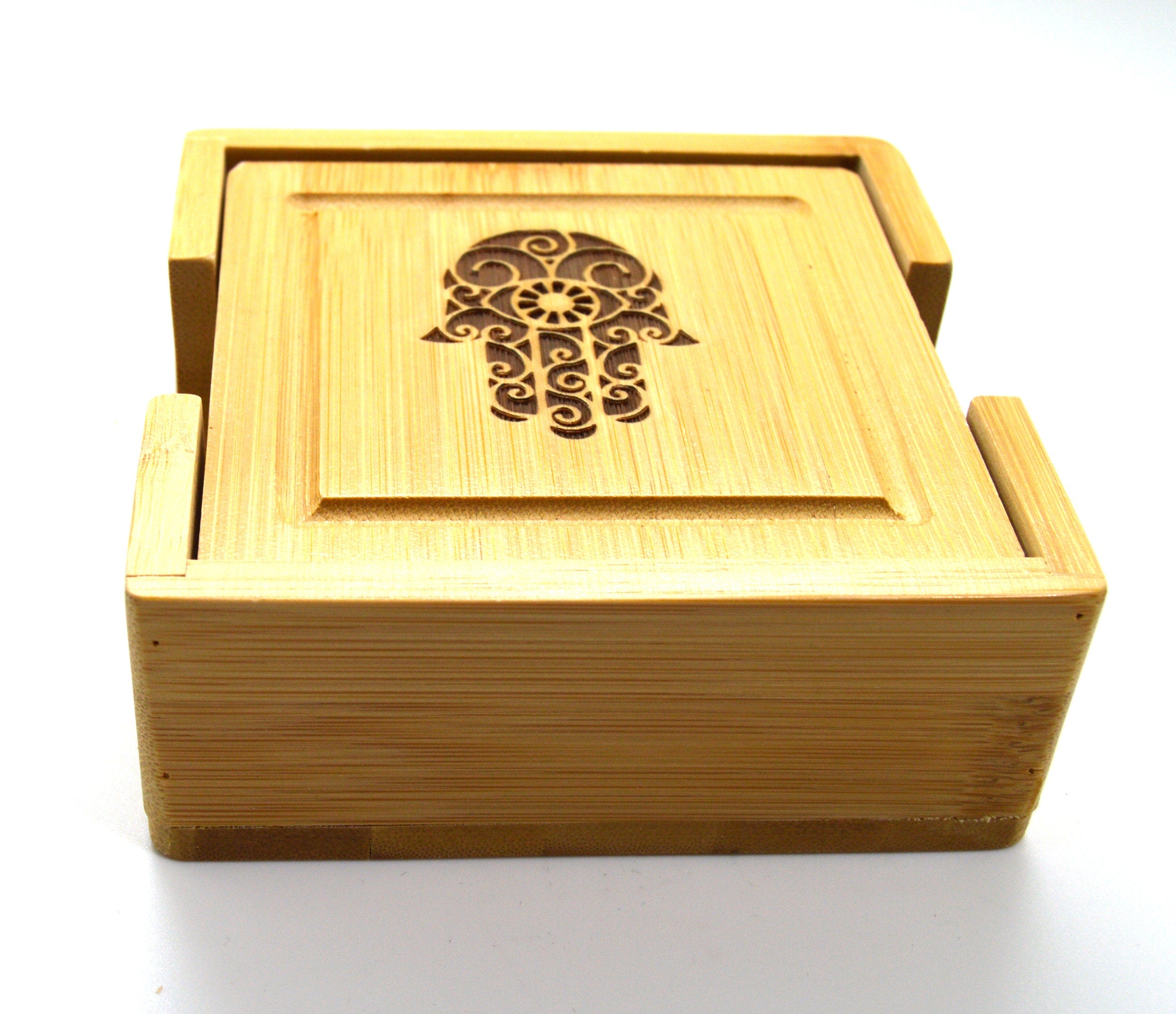 Hamsa Hand wooden engraved coasters bamboo set with holder for good luck and protection