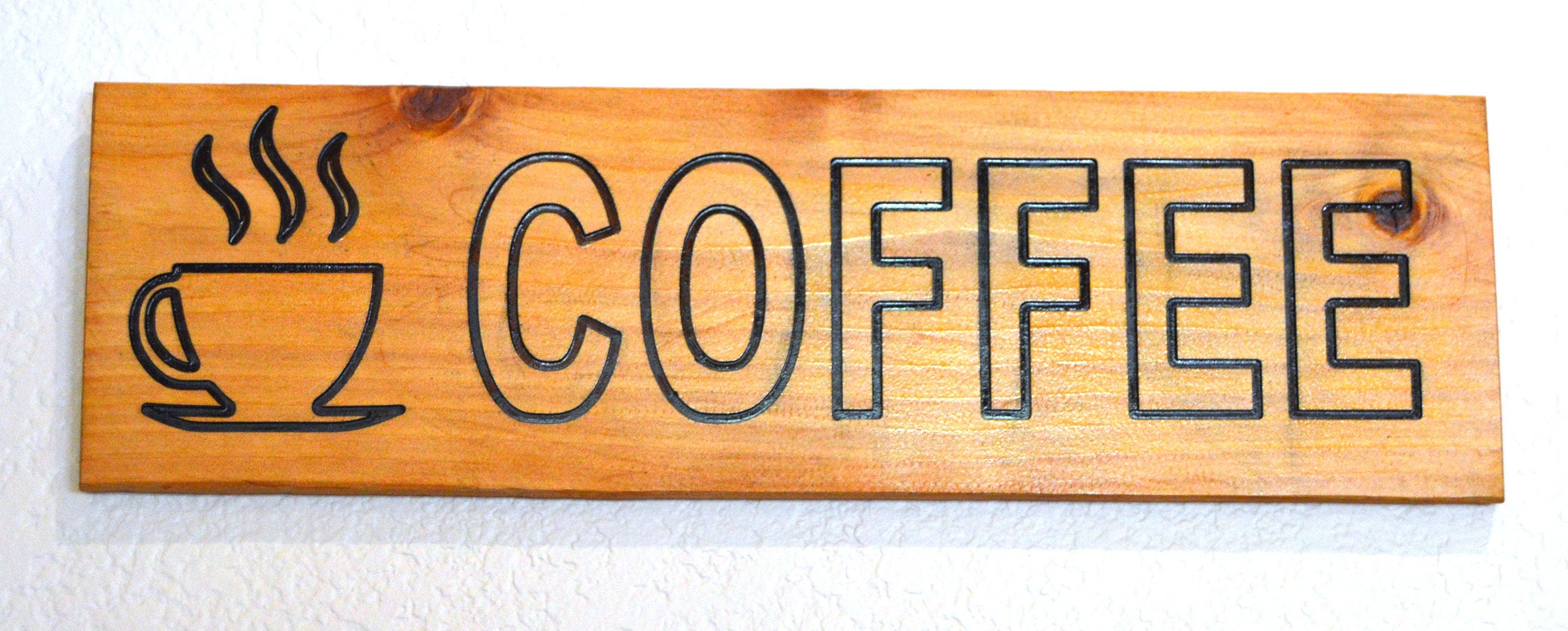 Coffee wood carving sign Cedar wood hand painted and stained size 18"