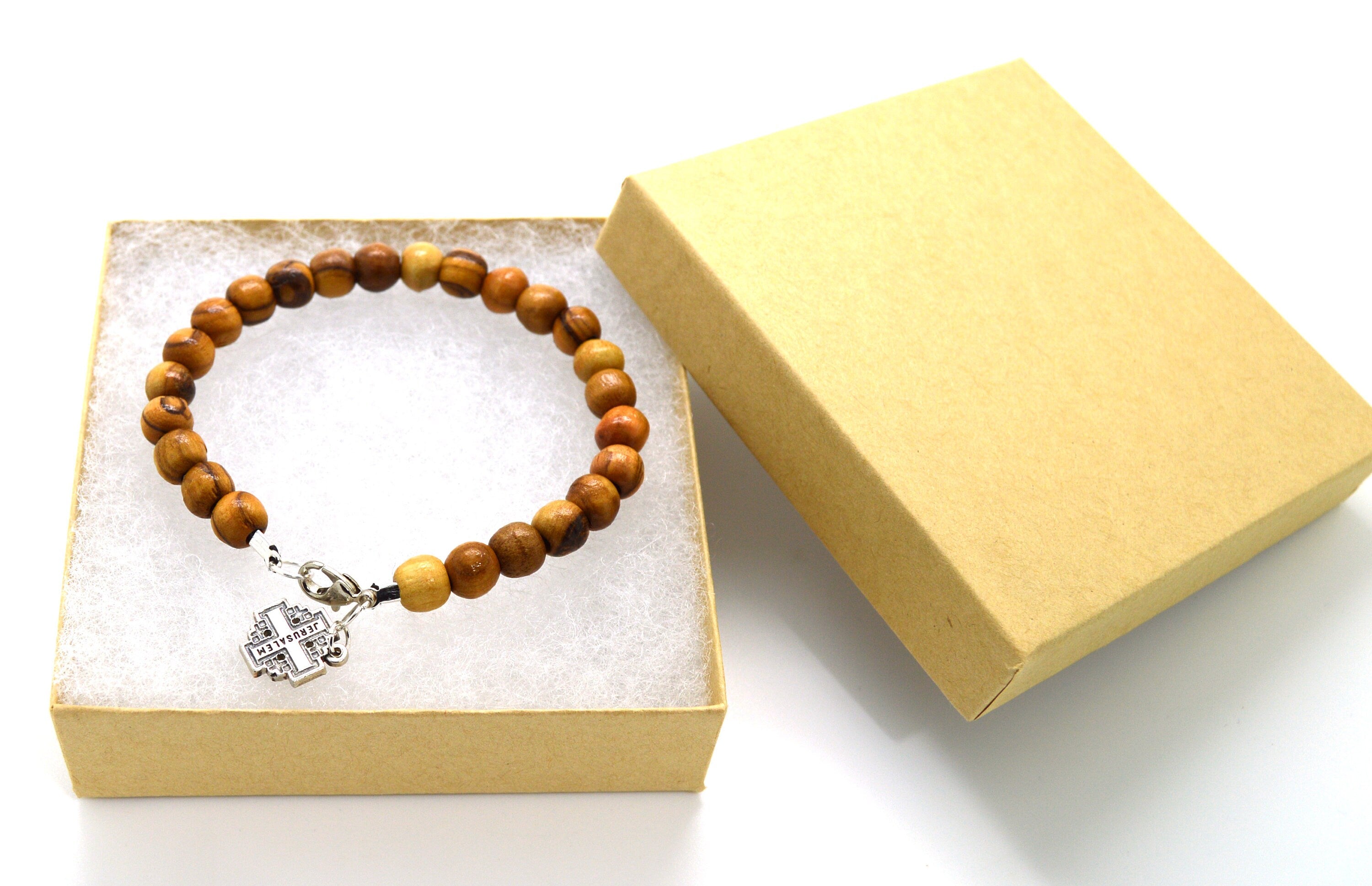 Olive wood bracelet handmade from 8 mm beads with Hebrew Chai, Jerusalem cross, Star of David or Heart charm gift boxed