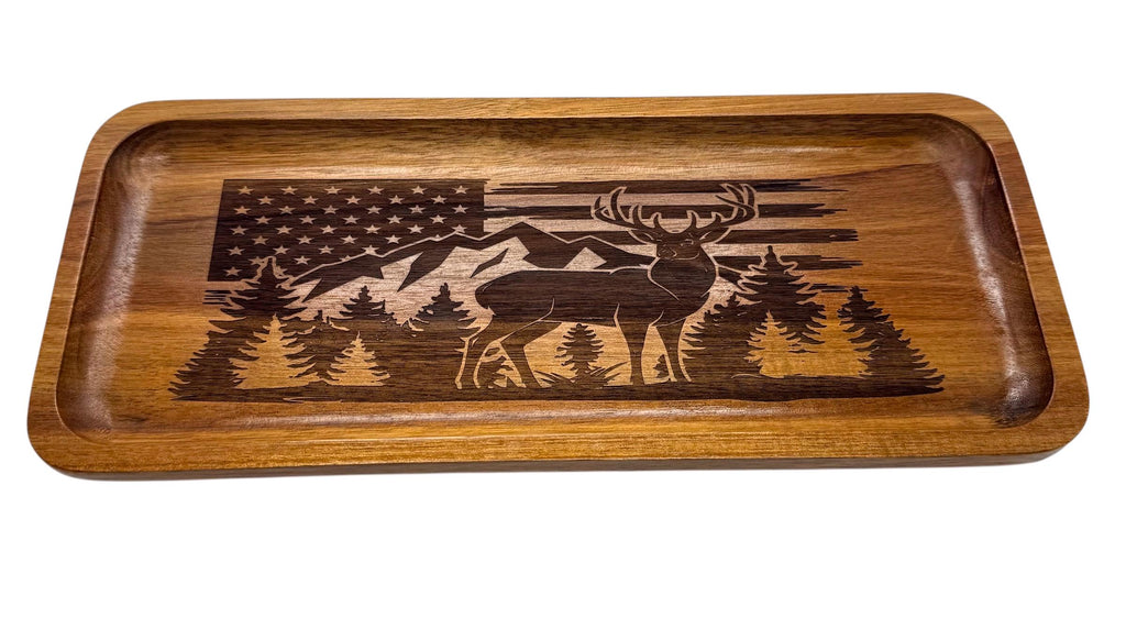 Acacia wood tray engraved with the American flag Deer mountain and tree forest 11.8” x 5” x 0.78”