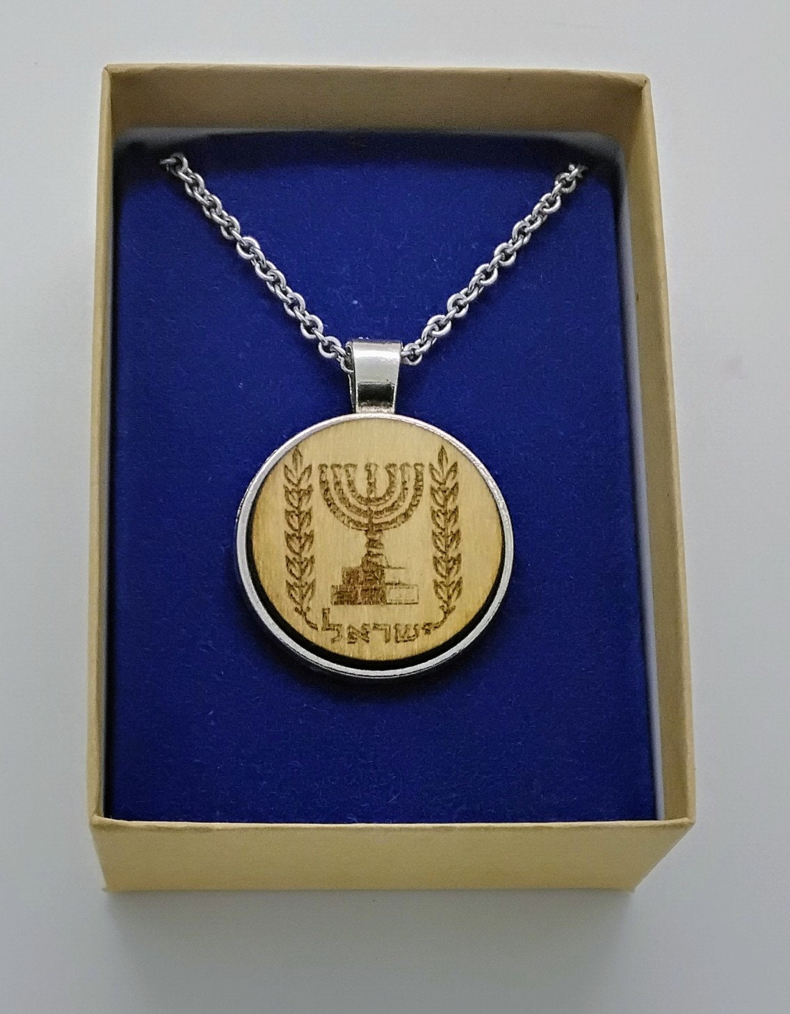 Israel Menorah necklace stainless steel with wood engraved 20" stainless steel necklace gift boxed.