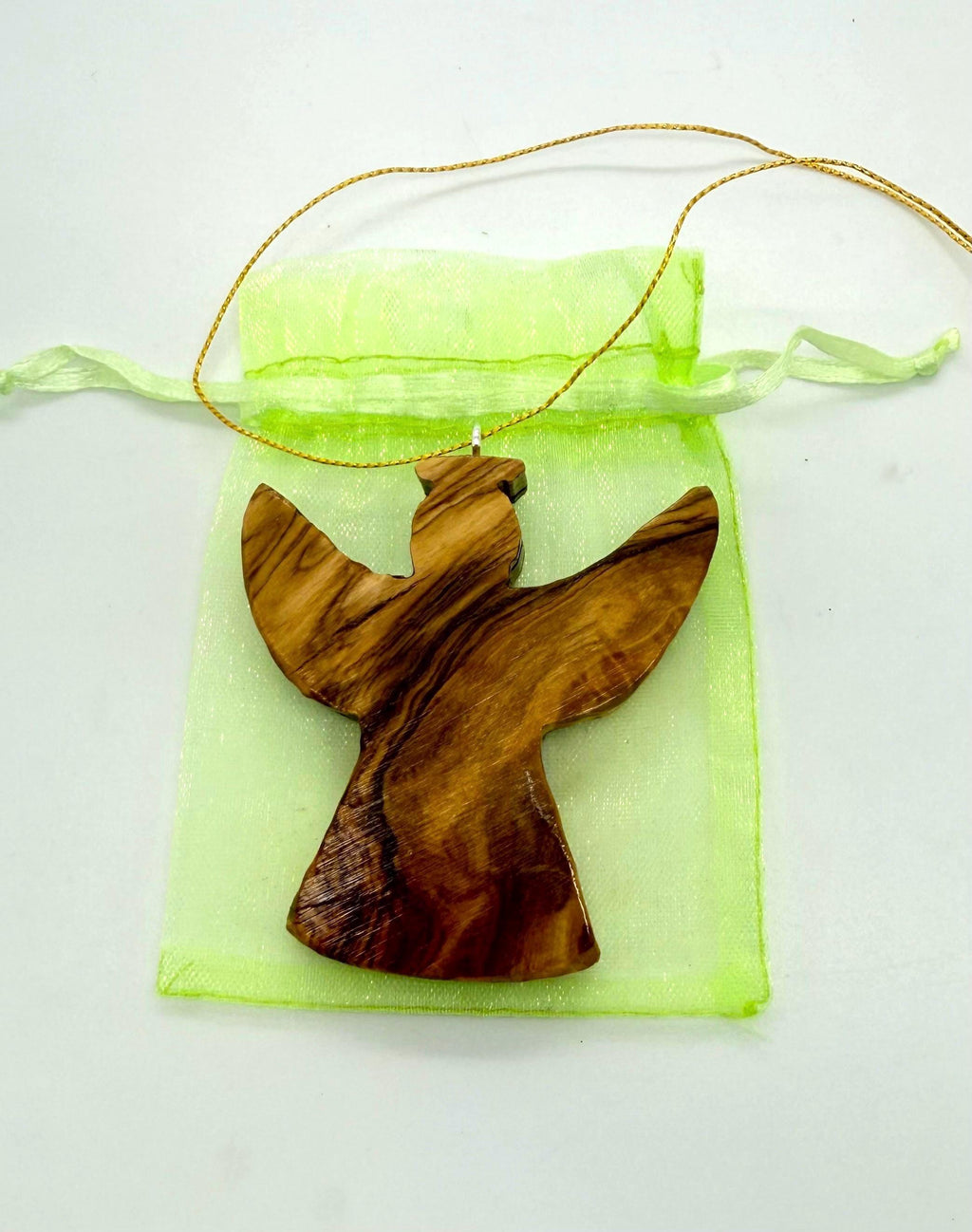 Olive wood angel Christmas tree ornament hand carved can be personalized with name on the front and back.