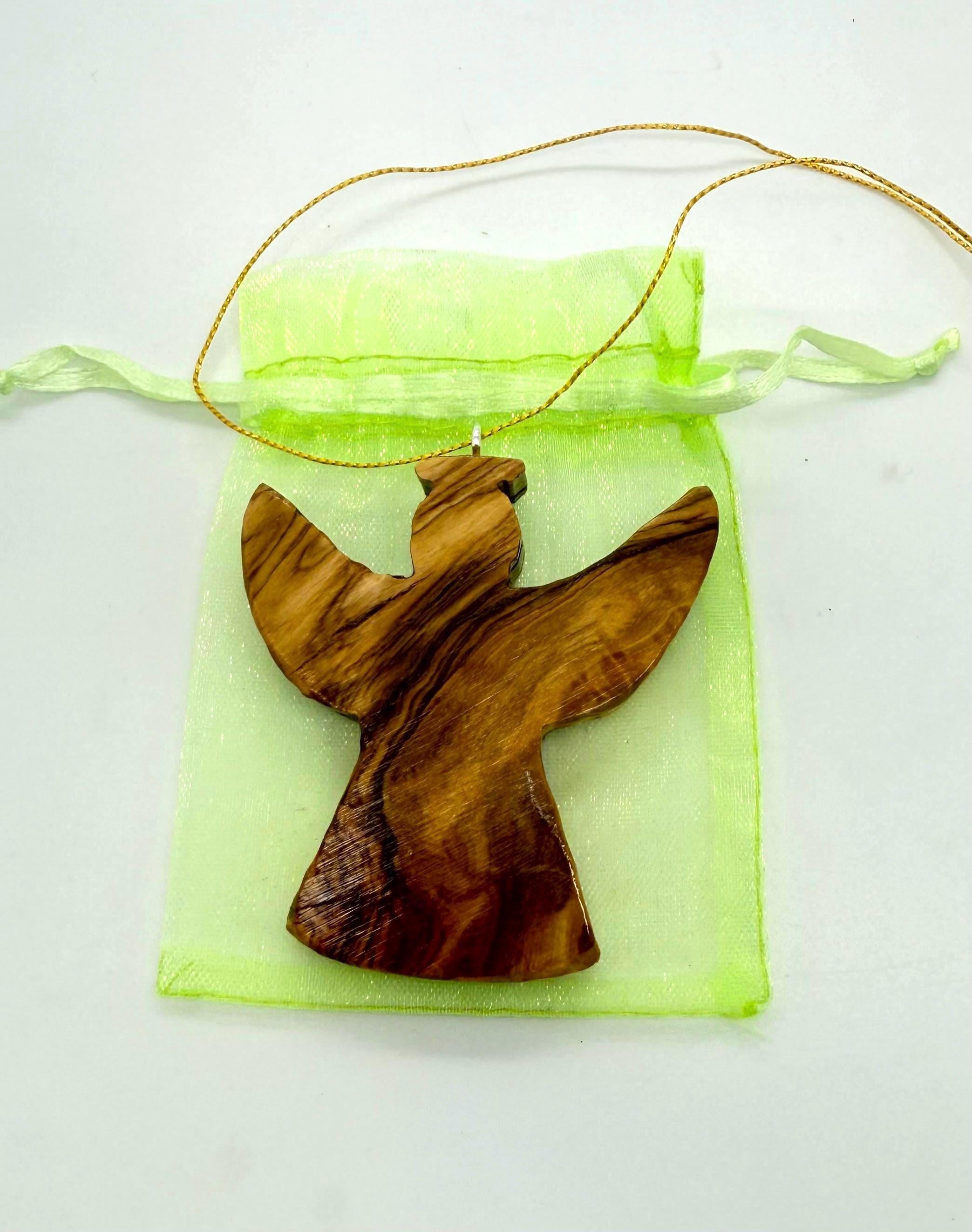 Olive wood angel Christmas tree ornament hand carved can be personalized with name on the front and back.