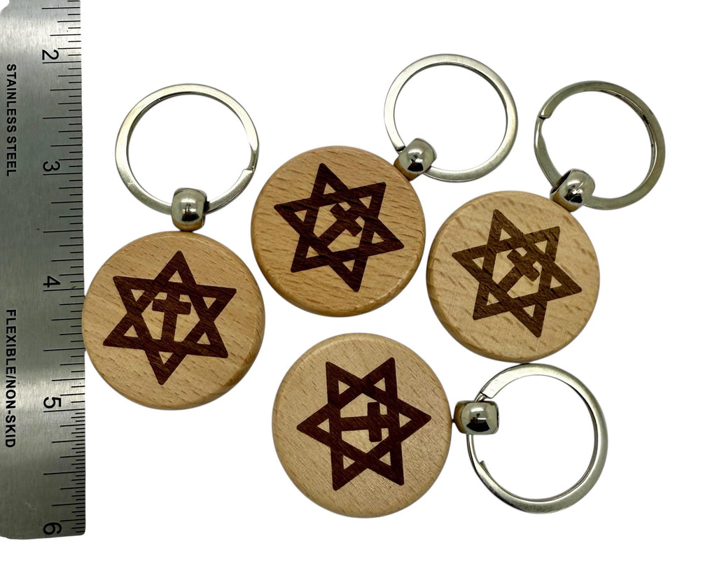 Star of David with the cross set of 4 wooden keychains with The Star Of David with the cross Key Holder wooden engraved on both sides.