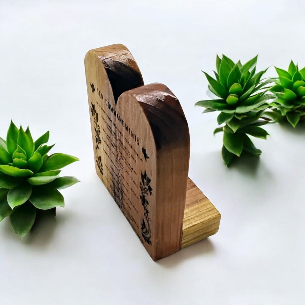 The Ten Commandments handmade engraved in English or Hebrew with the menorah on cedar wood table top desk or bookcase display.