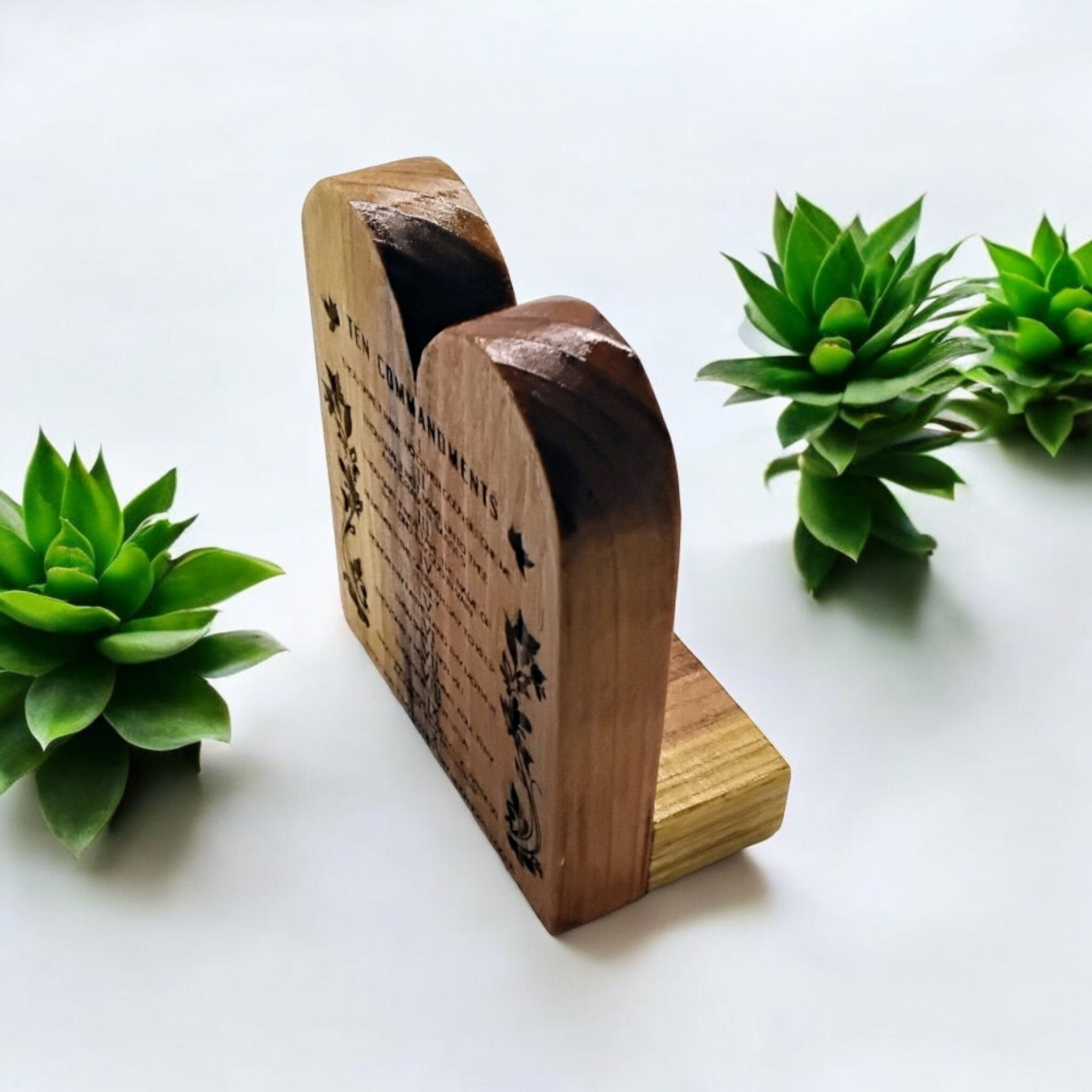 The Ten Commandments handmade engraved in English or Hebrew with the menorah on cedar wood table top desk or bookcase display.
