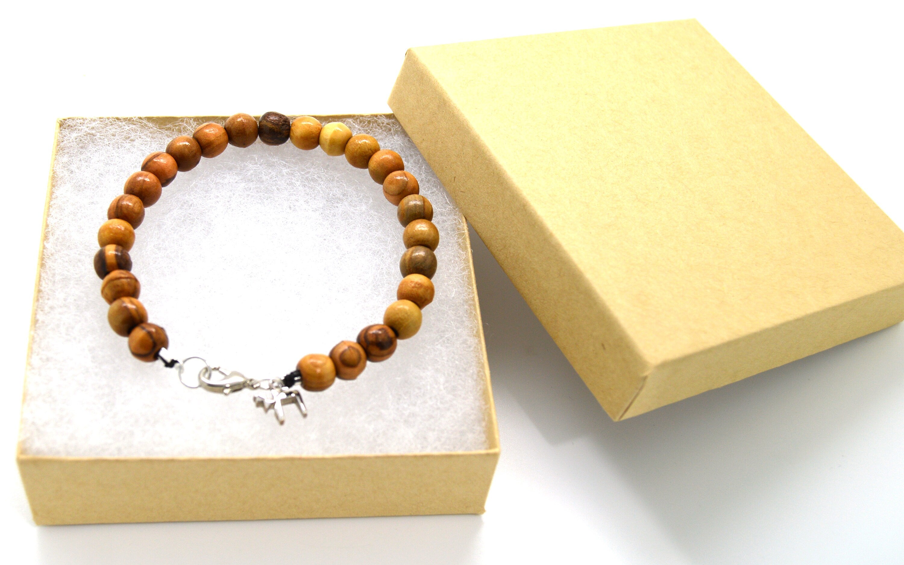 Olive wood bracelet handmade from 8 mm beads with Hebrew Chai, Jerusalem cross, Star of David or Heart charm gift boxed