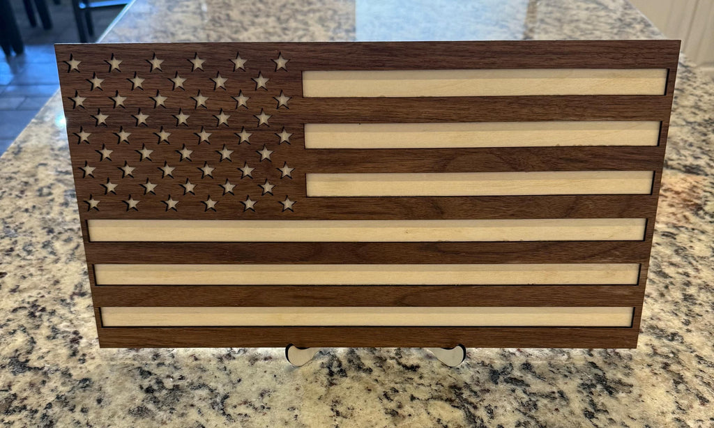 USA American flag handmade in Arizona from walnut and basswood with wooden stand 16 x 8.5