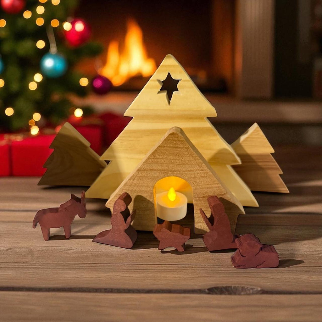 Nativity scene hand carved from cedar and pine wood with tea light LED candle Christmas holiday celebration