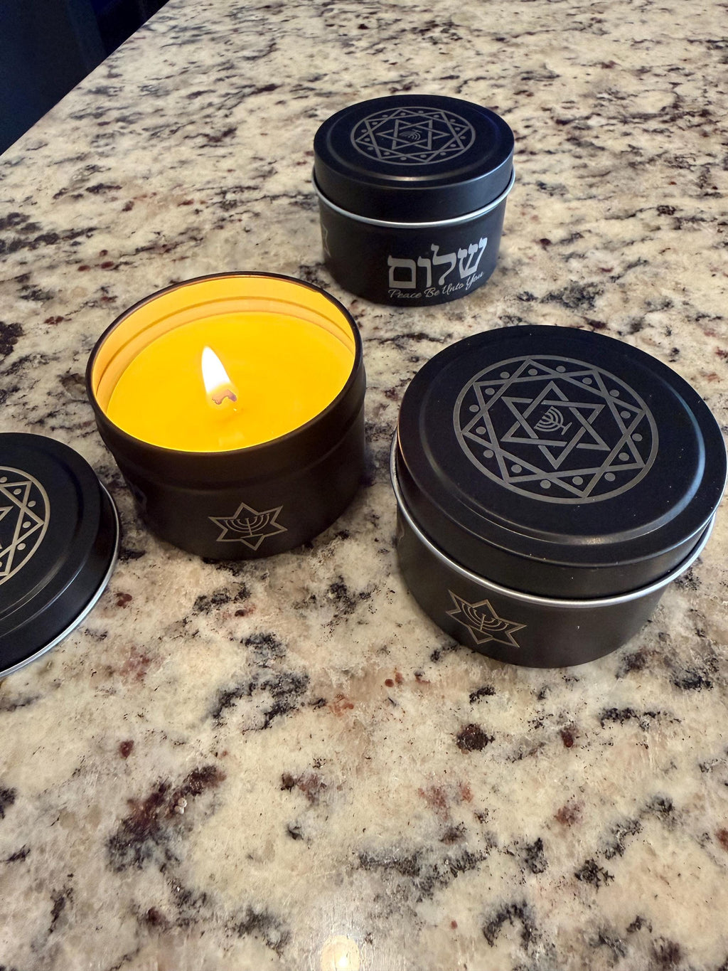 Handmade soy wax candle 3.5 oz Star of David menorah Jewish design engraved tin metal tin jar Shalom in Hebrew. Personalization available.