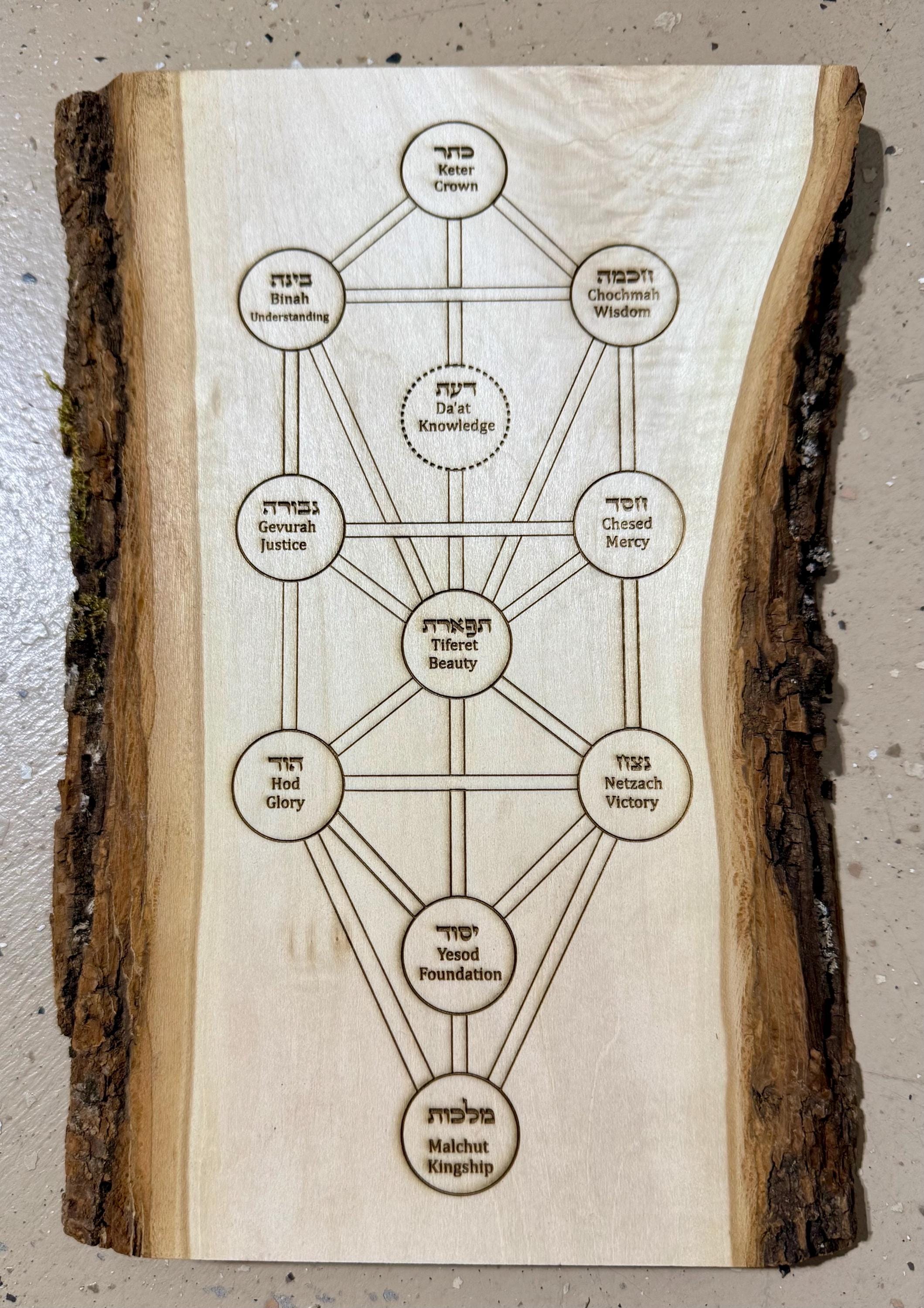 Ten Sefirot tree of life in Hebrew and English Kabbalah live edge engraved 11” x 8”