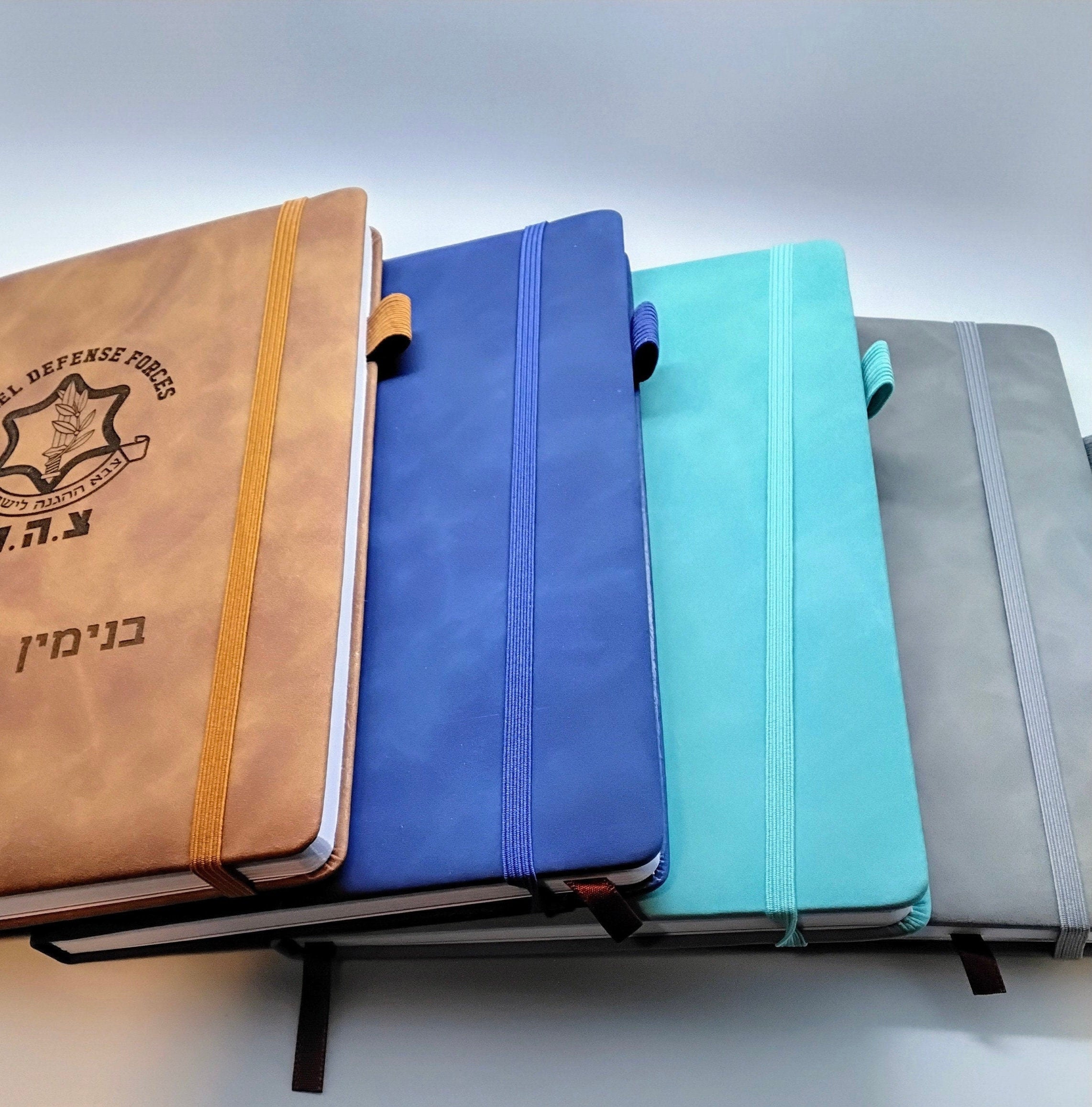 Notebook Journal engraved with Jerusalem or IDF logo in Hebrew and English with your name personalized in Hebrew and handmade wooden pen