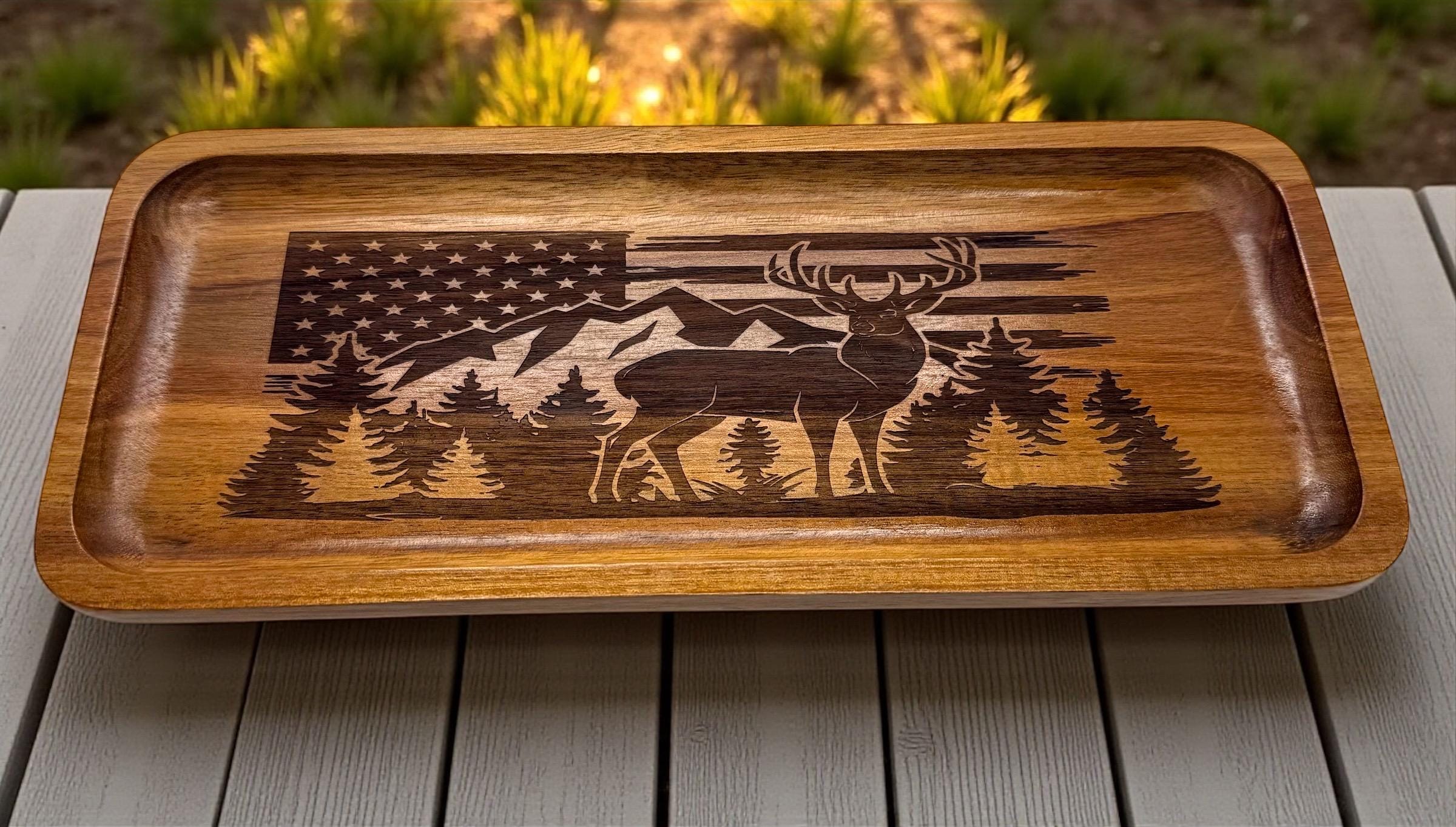 Acacia wood tray engraved with the American flag Deer mountain and tree forest 11.8” x 5” x 0.78”