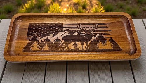 Acacia wood tray engraved with the American flag Deer mountain and tree forest 11.8” x 5” x 0.78”