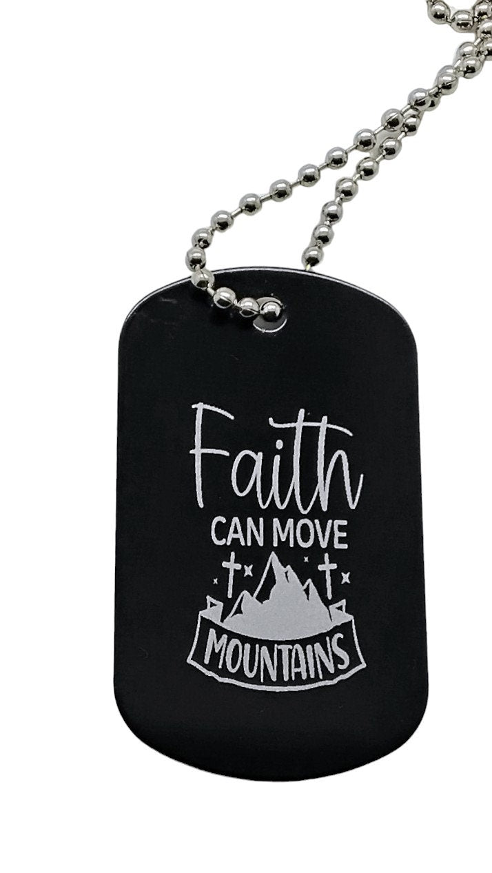 Engraved black dog tags necklace with inspirational and religious messages