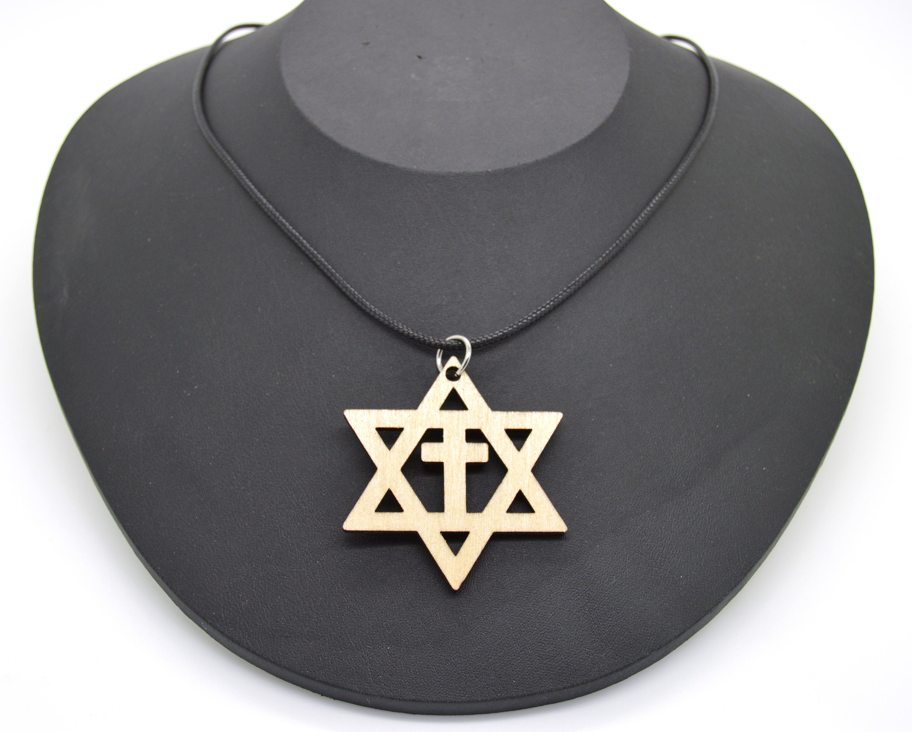 Star of David with the cross wooden Messianic Jewish pendant pendant Basswood or Walnut 18" necklace