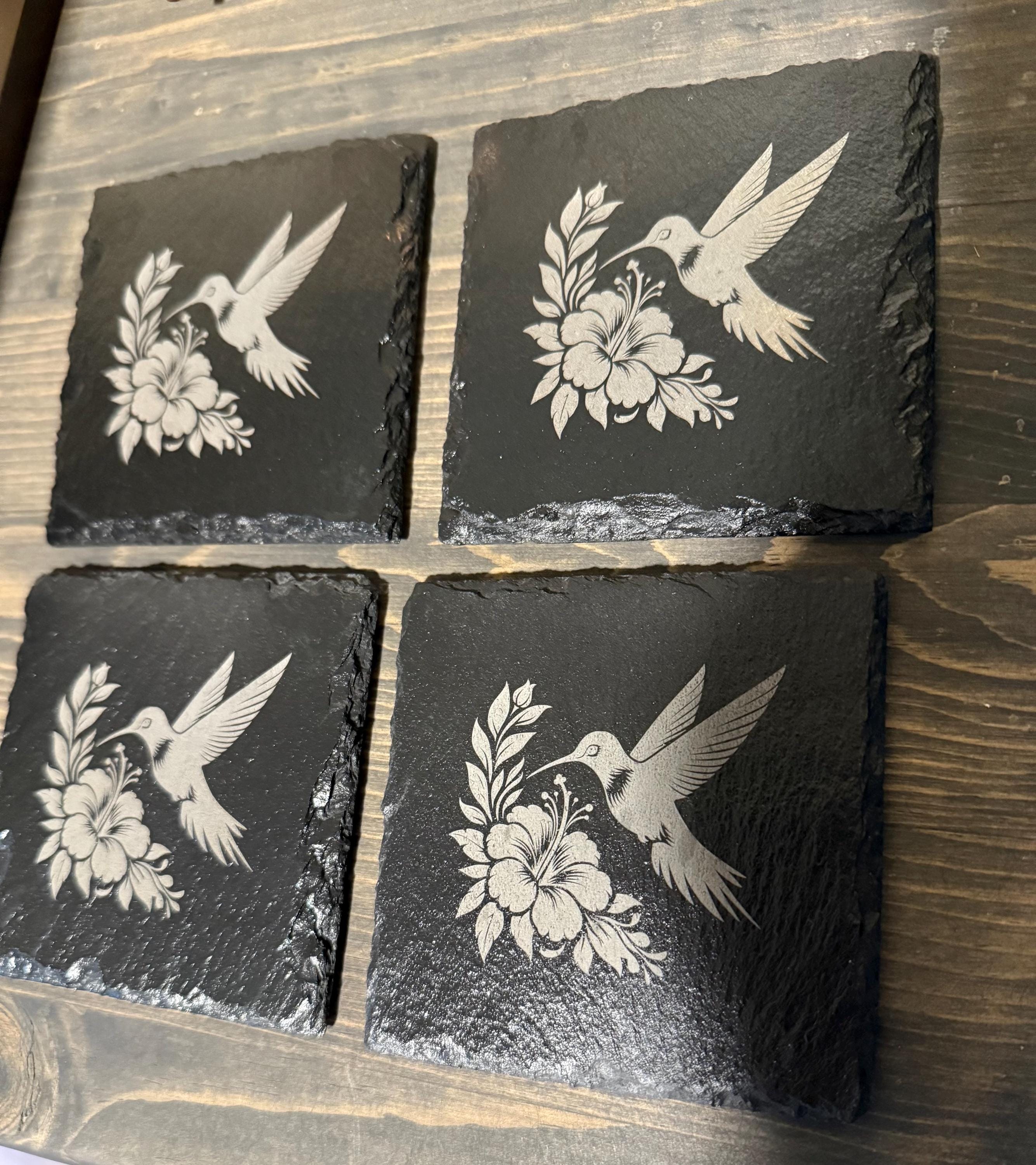 Natural Slate Stone Handmade Coaster Set with hummingbird flowers