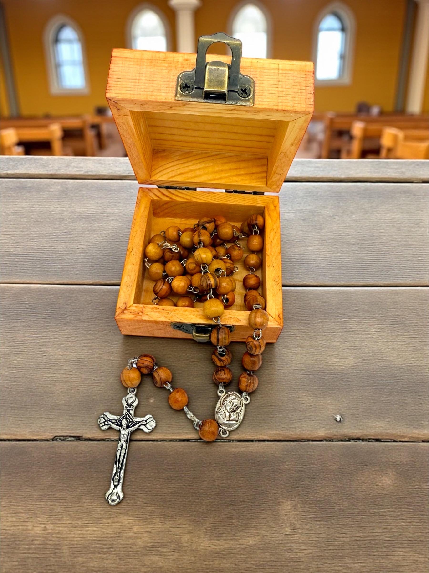 Bethlehem olive wood rosary beads with the Madonna and child holy soil centrepiece and wooden box handmade engraved with Bethlehem nativity