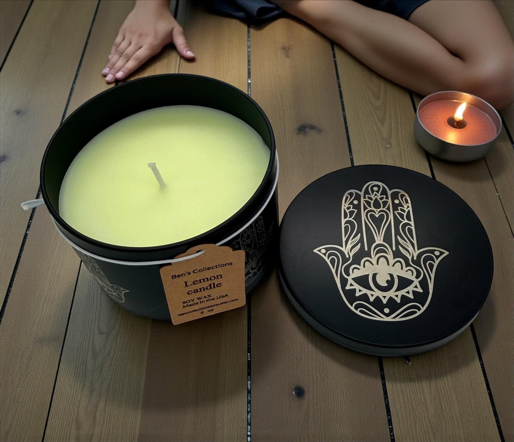 Handmade soy wax candle Hamsa hand protection Yoga Meditation engraved tin metal jar available in 3.5 oz or 7 oz. Personalization Available