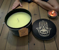 Handmade soy wax candle Hamsa hand protection Yoga Meditation engraved tin metal jar available in 3.5 oz or 7 oz. Personalization Available