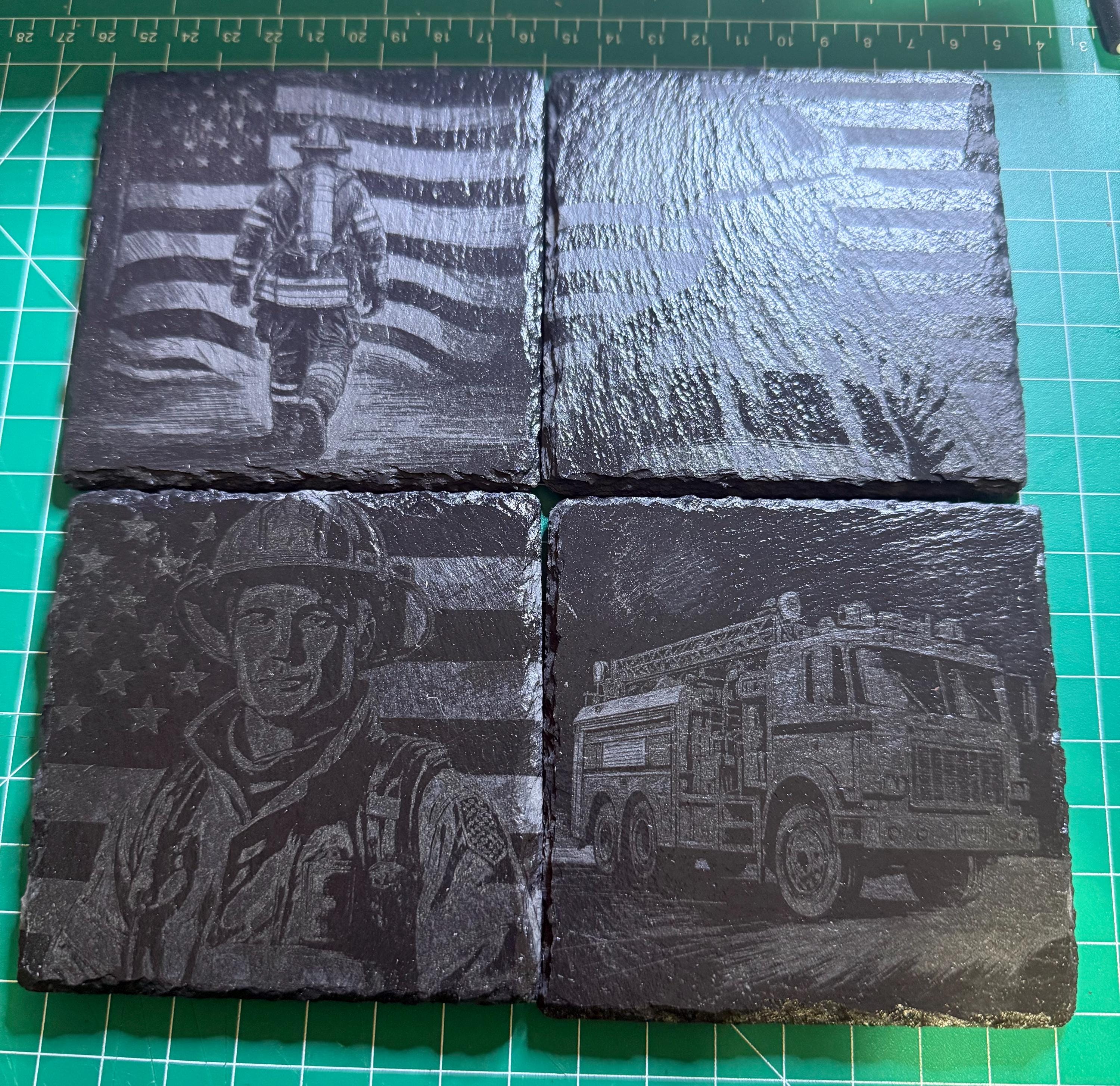 Natural Slate Stone Handmade Coaster Set with fireman designs