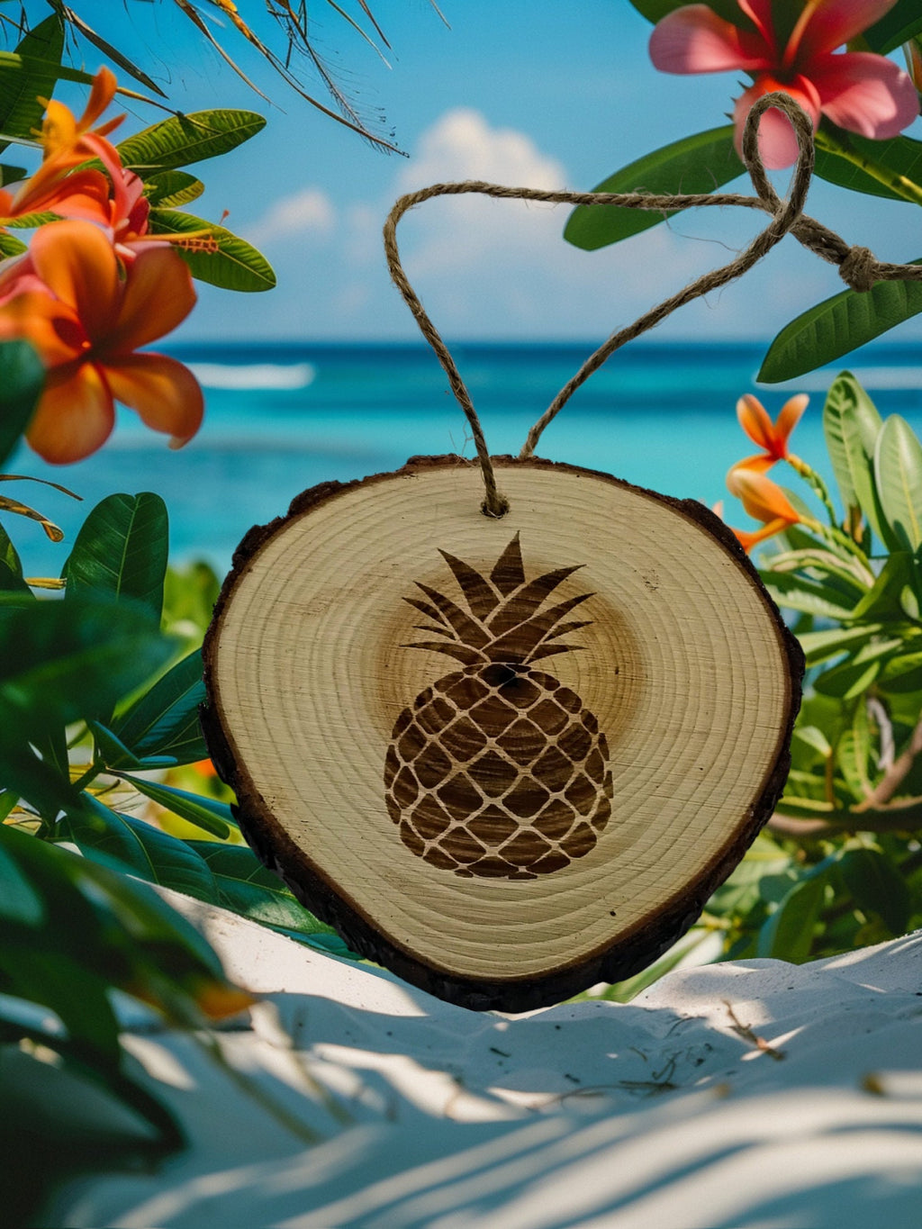 Pineapple handmade engraved on natural pine wood slice with the bark great decoration for the Christmas tree comes ready to hung gift box