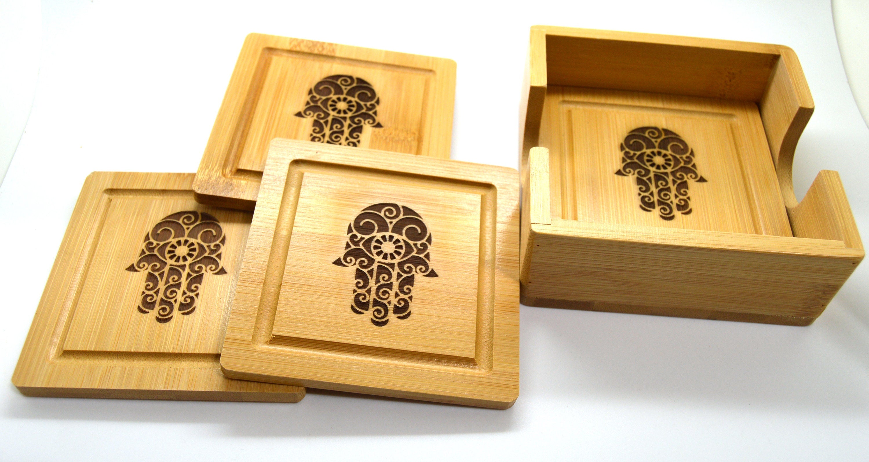 Hamsa Hand wooden engraved coasters bamboo set with holder for good luck and protection