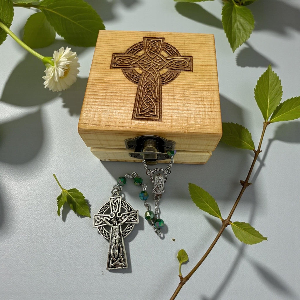 Catholic green acrylic Celtic rosary beads wooden pinewood handmade engraved cross