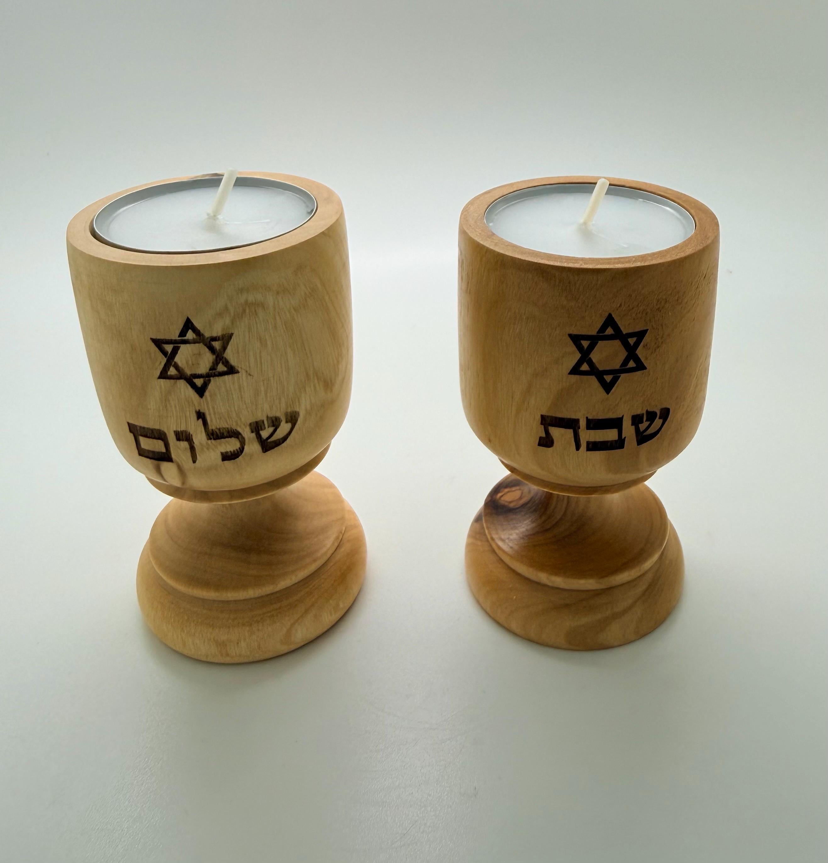 Shabbat Shalom in Hebrew engraved with Star of David Israel olive wood candle holders made for tea light candles Jewish gift handmade