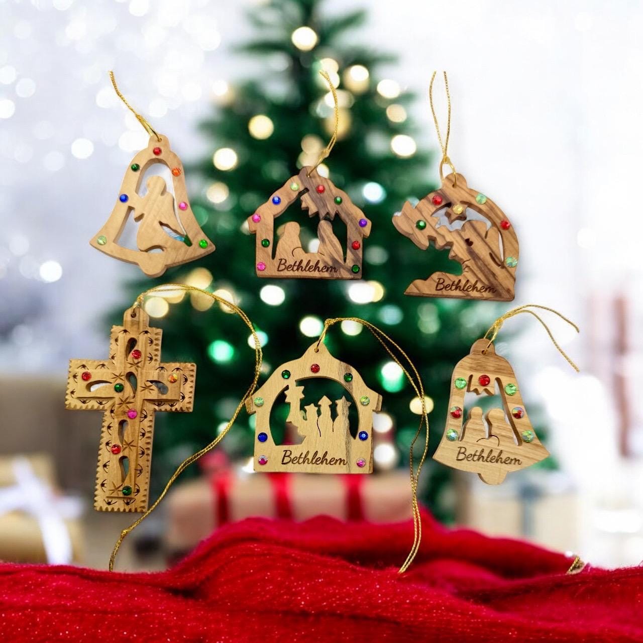 Bethlehem olive wood Christmas ornaments hand crafted with rhinestones set of 6 ornaments