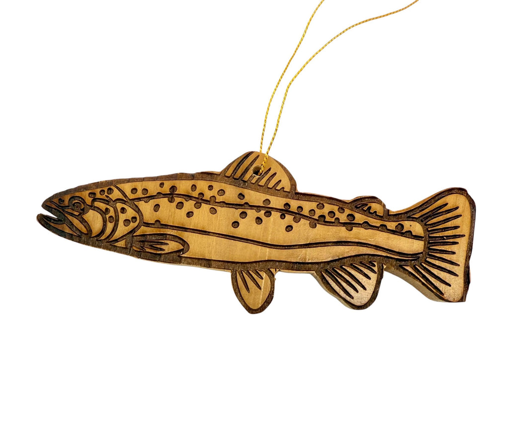 Wooden rainbow trout fish Christmas ornament hand crafted from cedar wood fishing gift personalized with your name engraved on the back