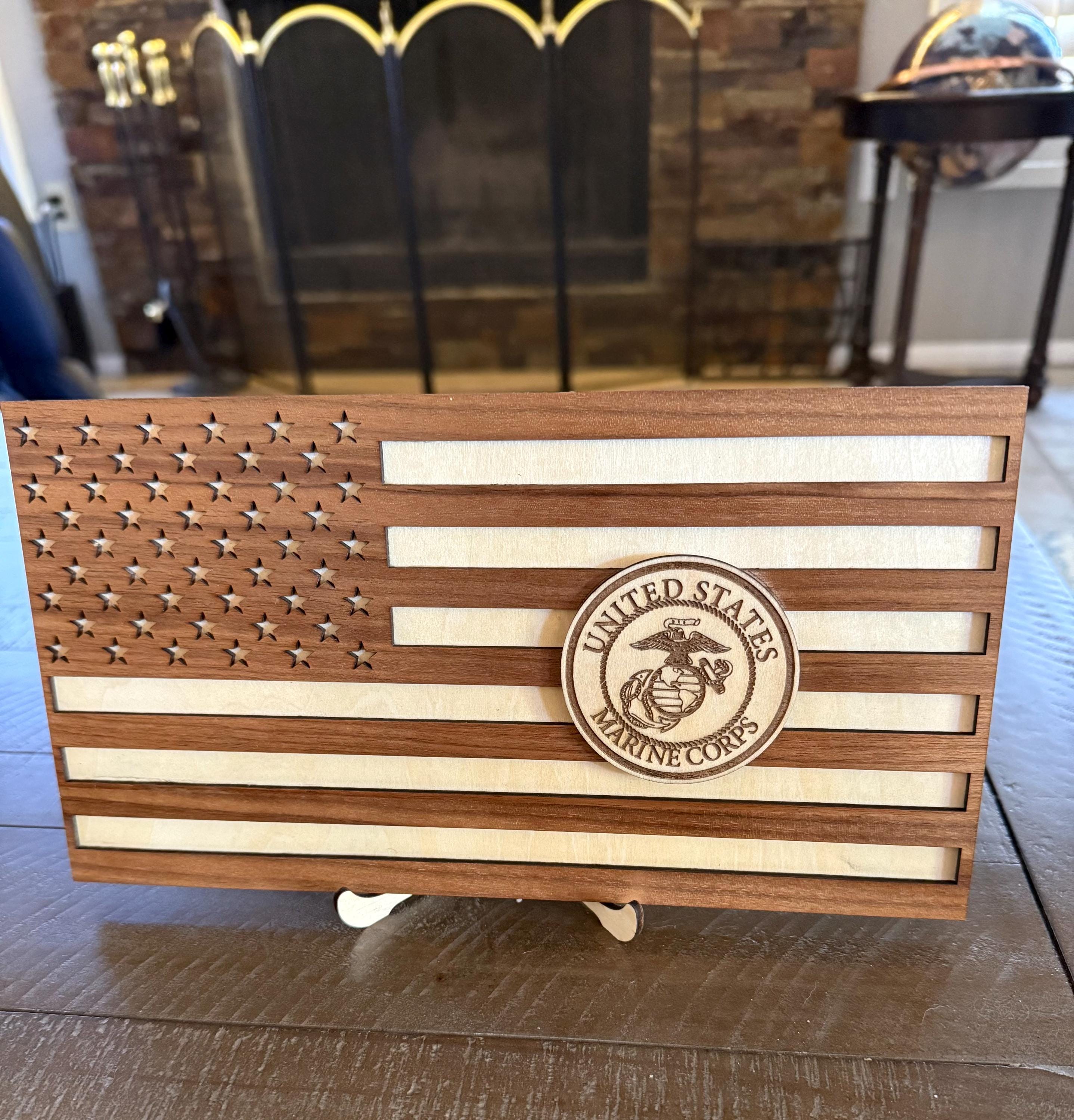 USA American flag handmade in Arizona from walnut and basswood with wooden stand 11” x 6” USA Marine Corps