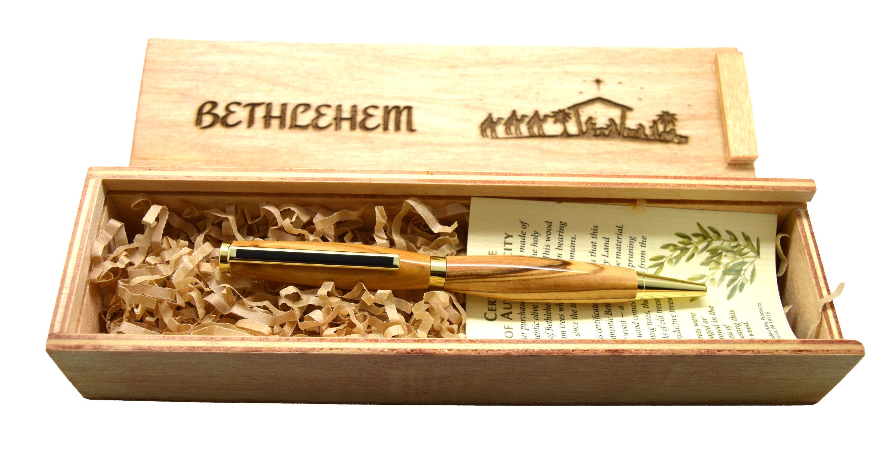Olive wood from Bethlehem Israel hand turned pen with wooden gift box engraved Bethlehem Nativity Holy Family